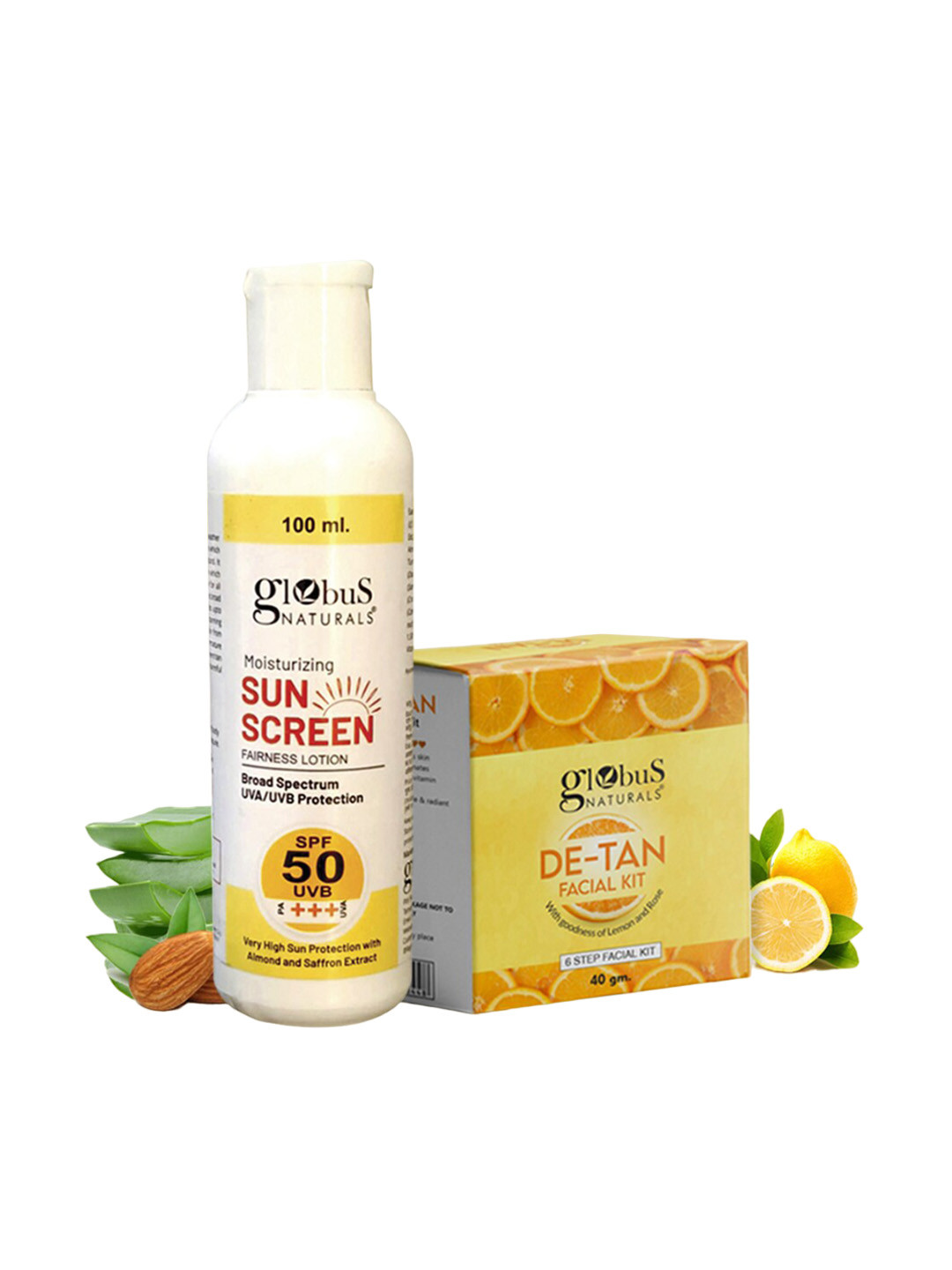 Globus naturals 2-Pcs Moisturizing Sunscreen Lotion 100ml & De-Tan Facial Kit 40g Combo