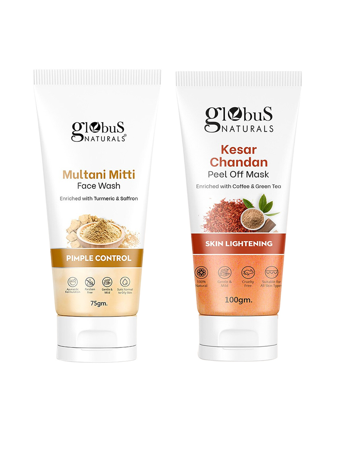 Globus naturals Set Of 2 Kesar Chandan Peel Off Mask -100g & Multani Mitti Face Wash - 75g