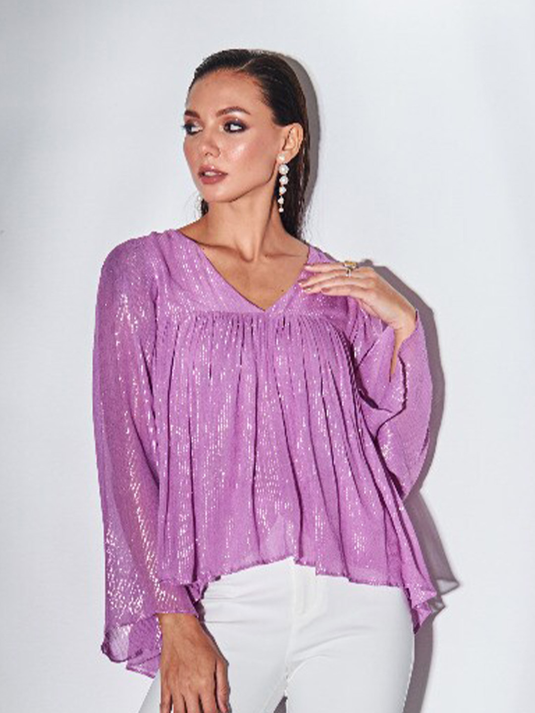 By The Bay Self Design Bell Sleeve Gathered or Pleated V-Neck A-Line Top