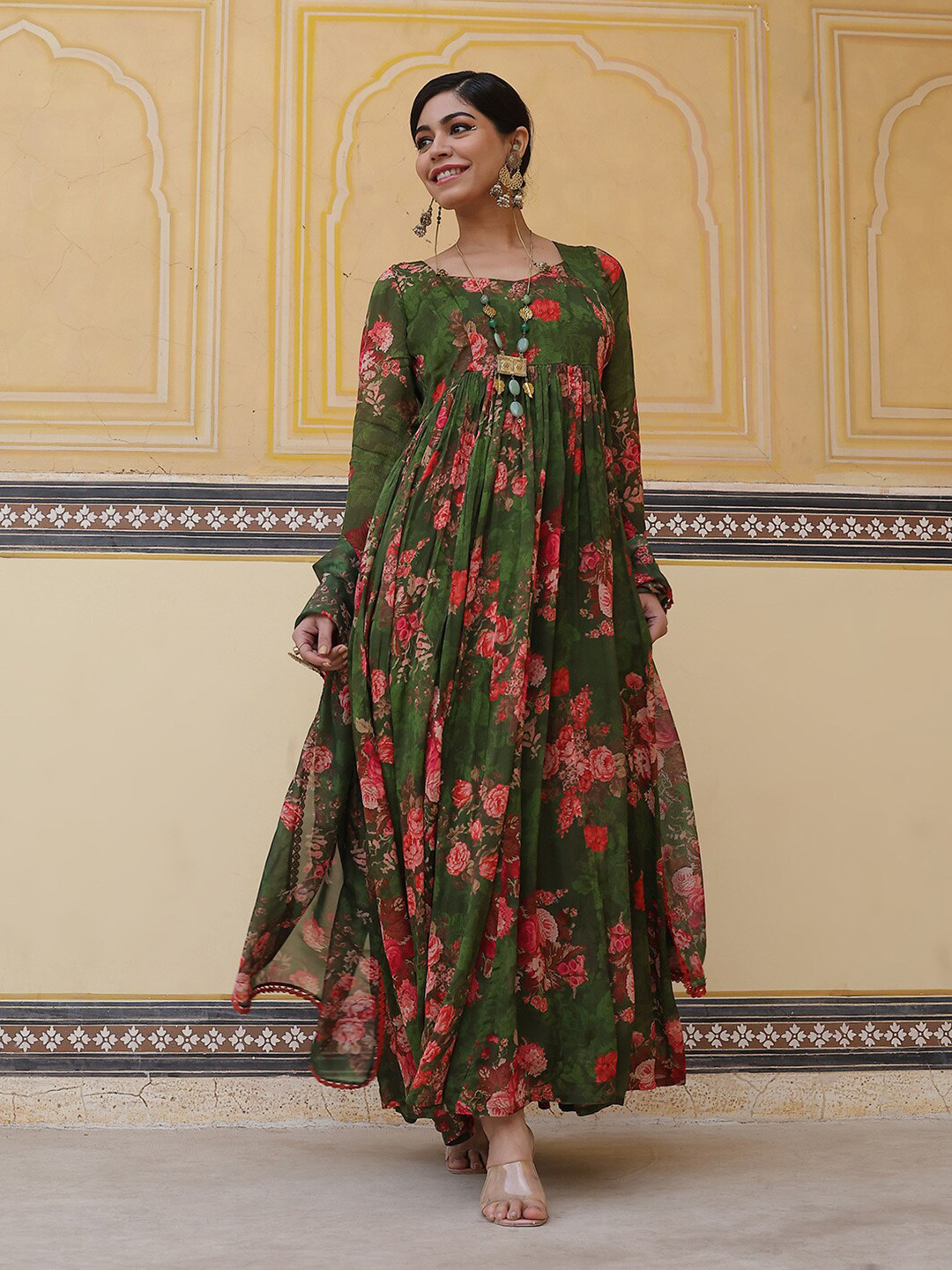 AKS Floral Couture Print Maxi Dress With Dupatta