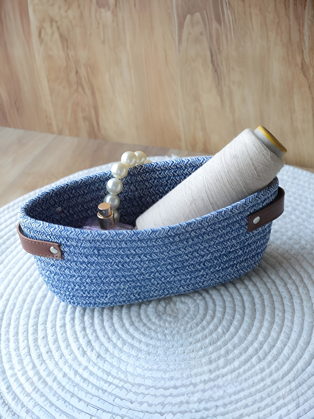 The Better Home Blue & Brown Self Design Fabric Tote Basket Organiser