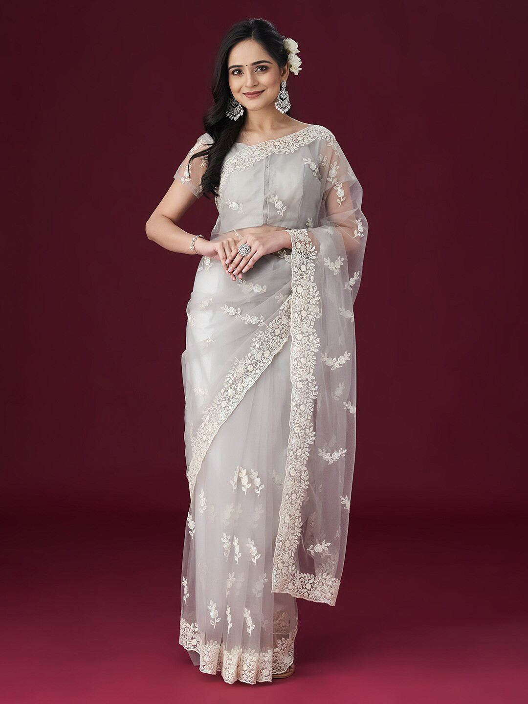 kasee Floral Embroidered Net Saree