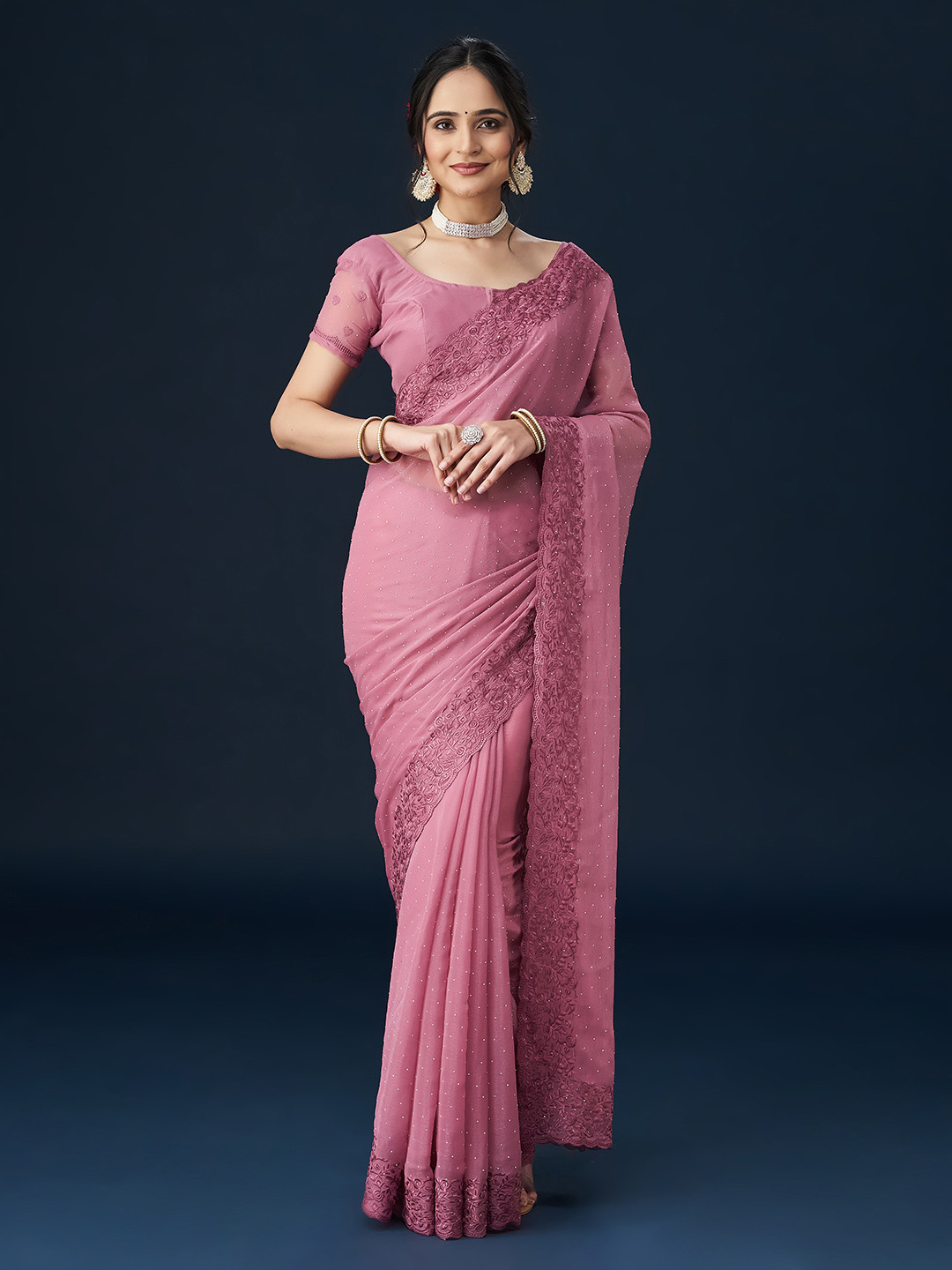 kasee Embroidered Beads and Stones Border Saree