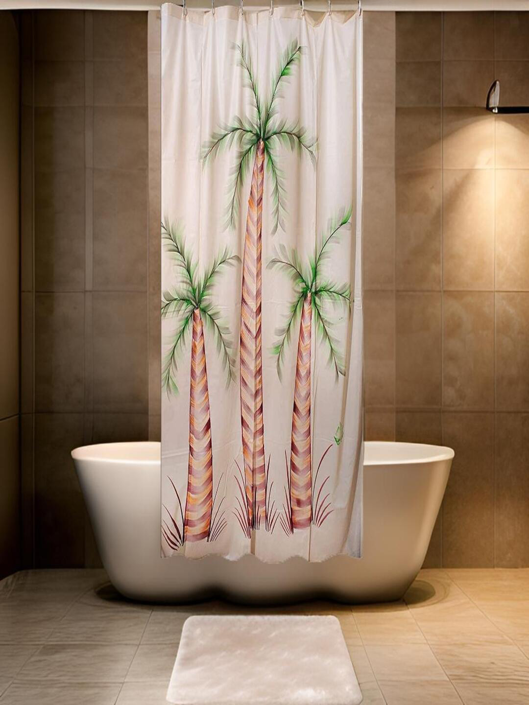 CASA-NEST Beige & Green 9 Pieces Trees Printed Waterproof Shower Curtain With Hooks