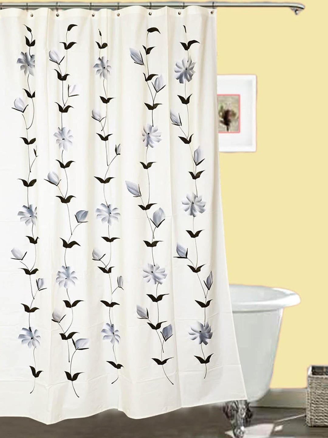 CASA-NEST White & Black Floral Printed Shower Curtain