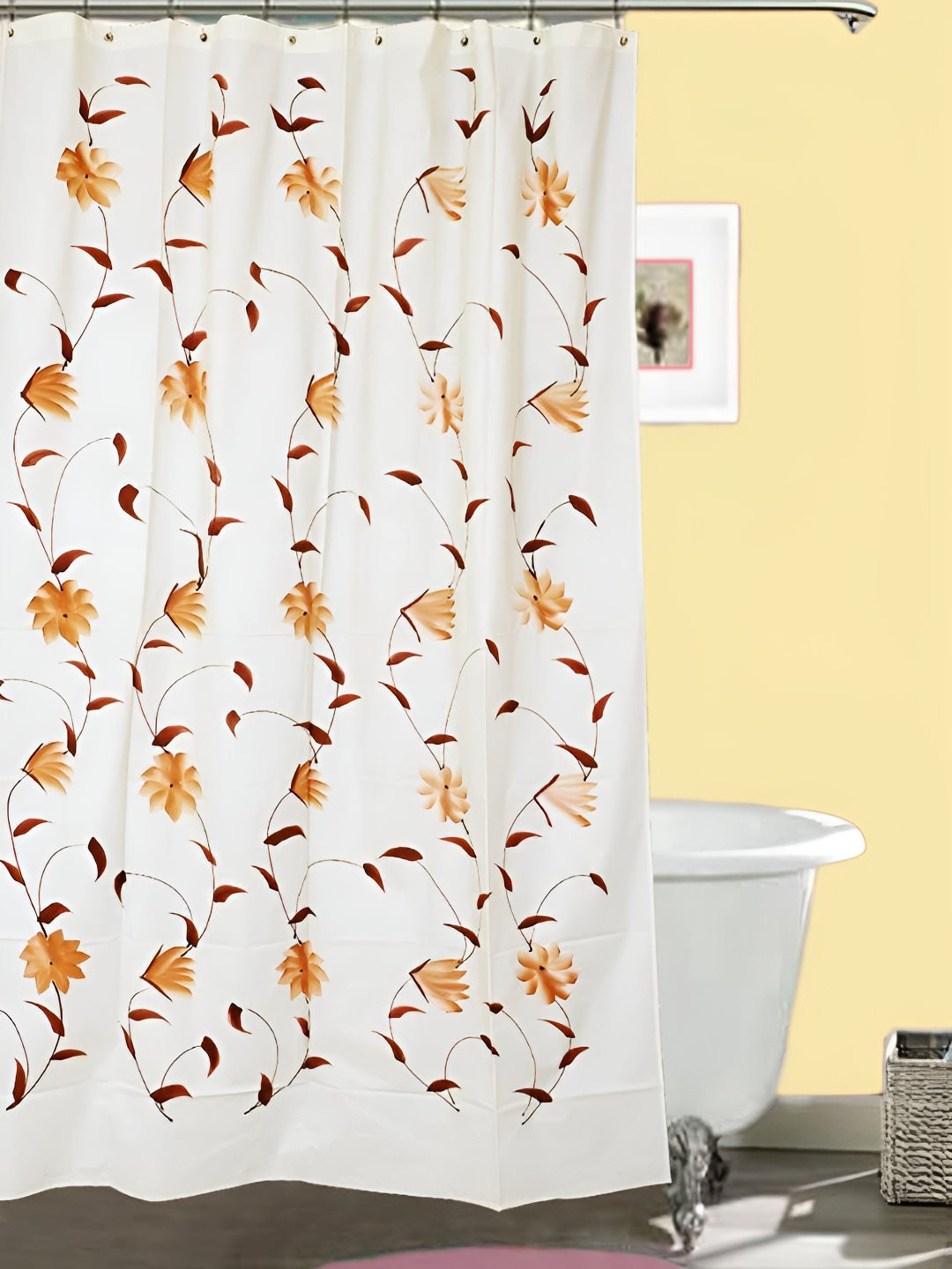 CASA-NEST White & Brown Floral Printed Waterproof Shower Curtain
