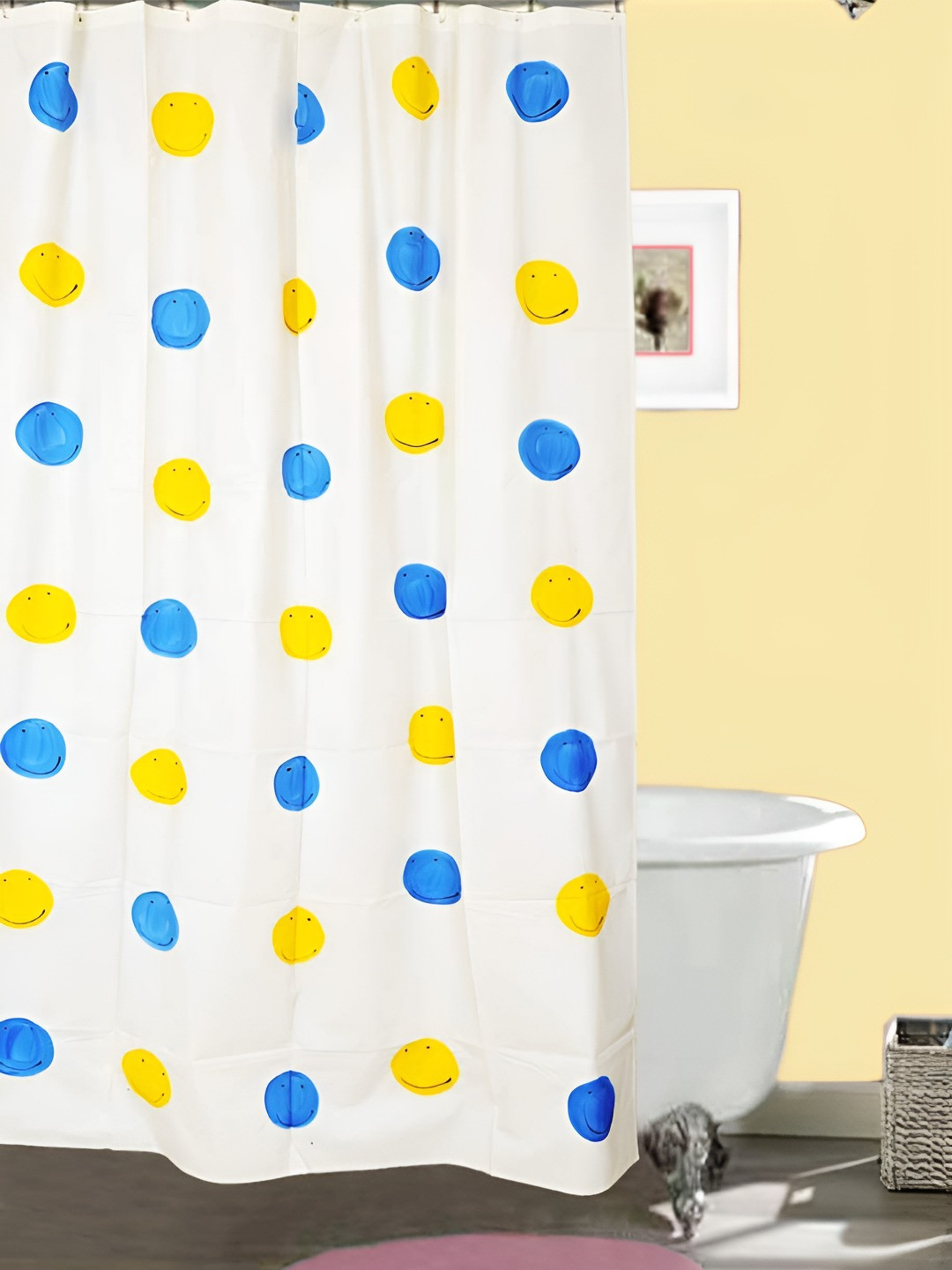 CASA-NEST White & Blue Smile Face Printed Shower Curtain