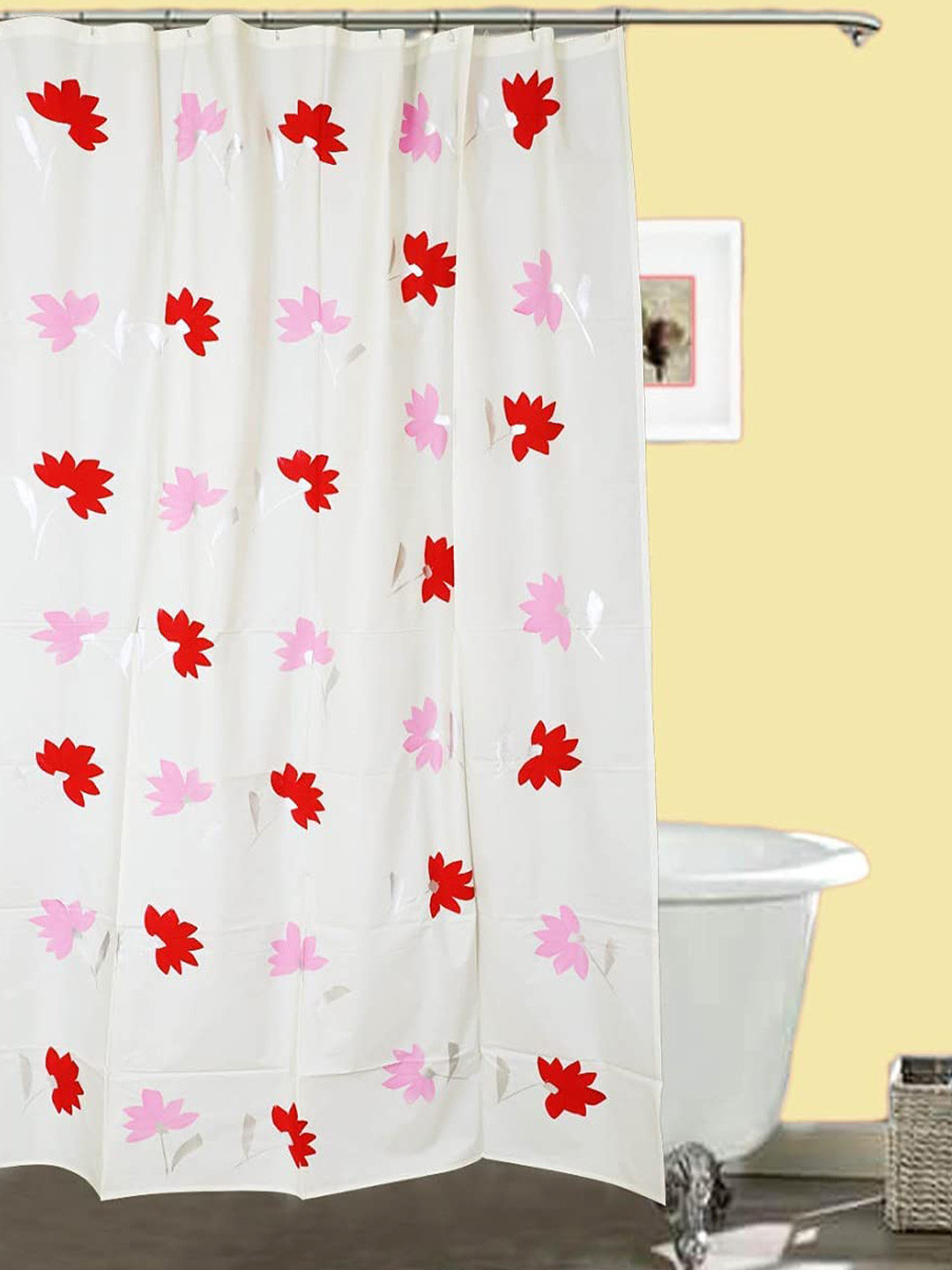 CASA-NEST White & Pink Floral Waterproof  Shower Curtain