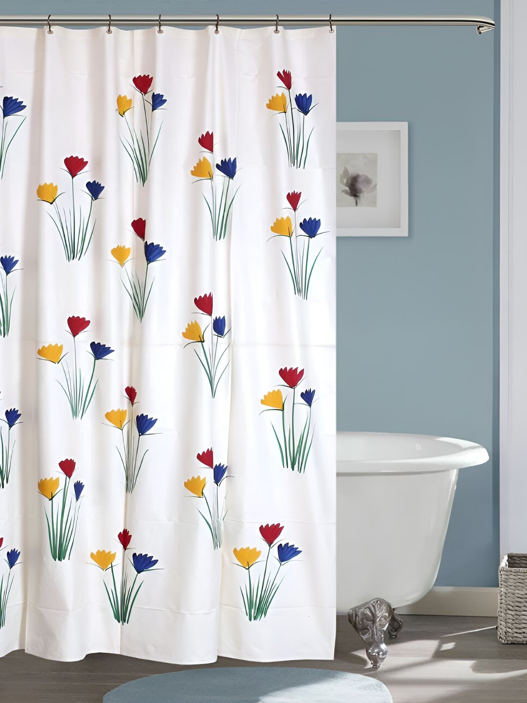 CASA-NEST White & Red Floral Printed Waterproof Shower Curtain