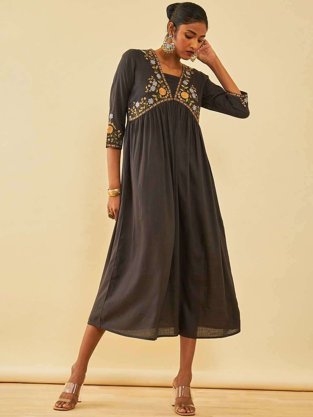 Soch Black V-Neck Empire A-Line Midi Dress