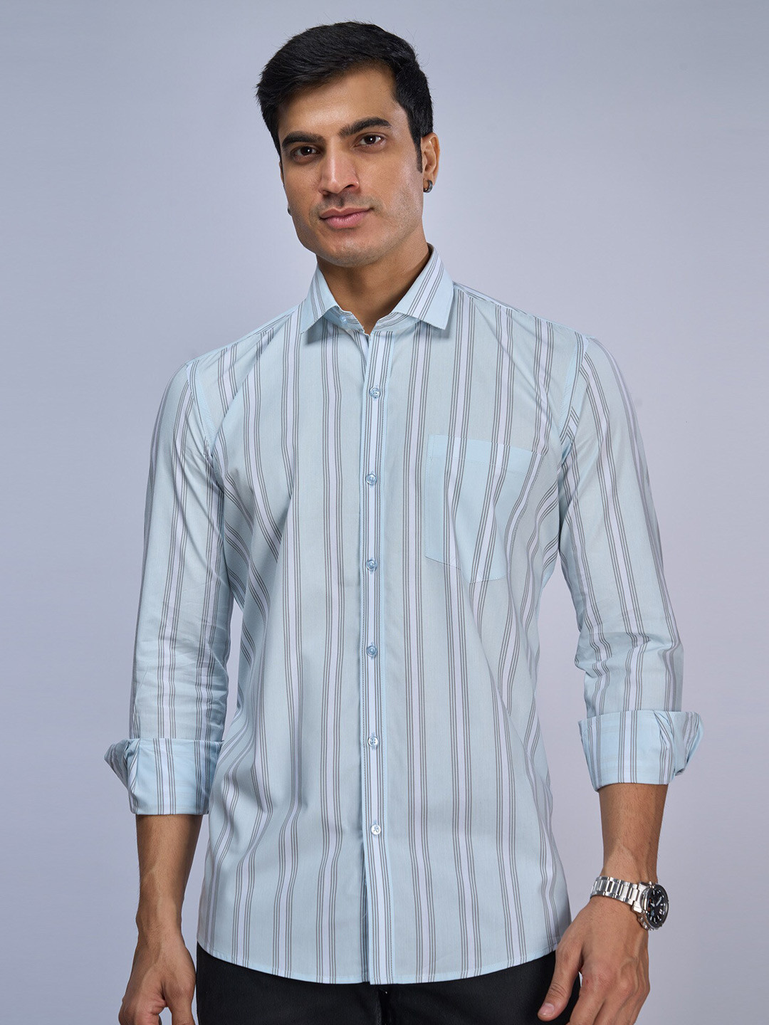 MARK & ALBERT India Slim Vertical Stripes Cotton Slim Fit Opaque Striped Casual Shirt