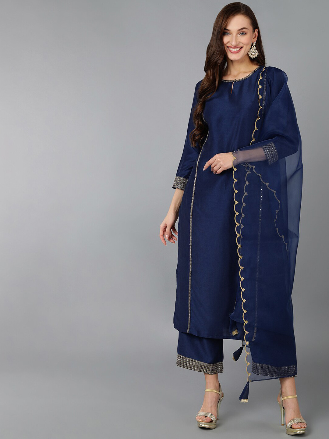 KALINI Panelled Gotta Patti Kurta with Trousers & Dupatta