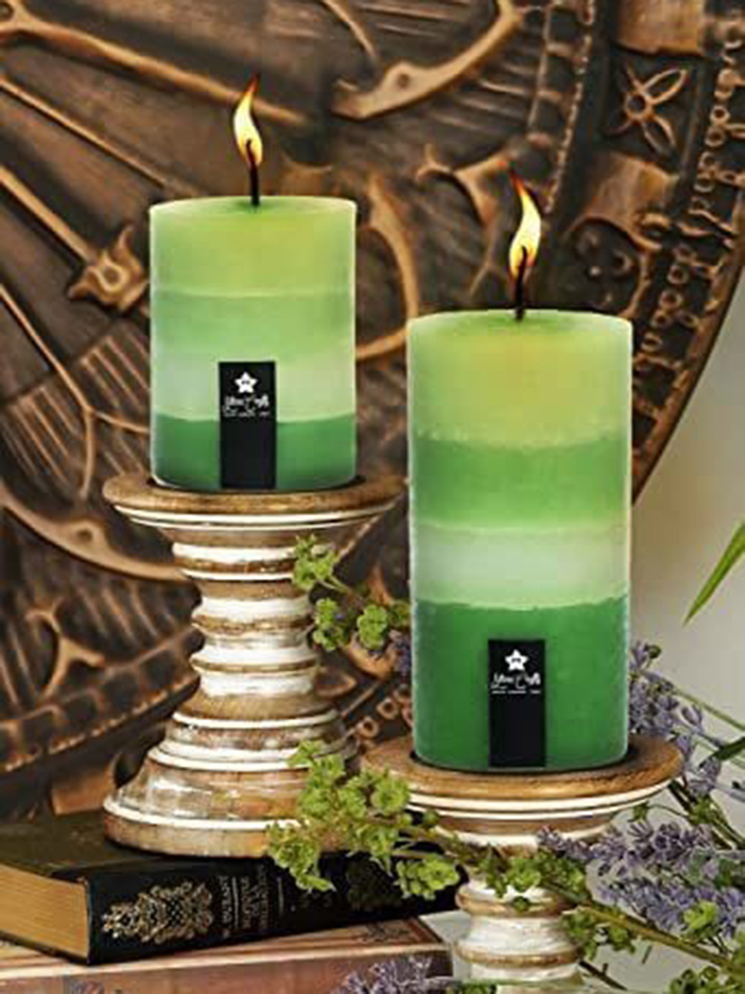 Sitara Crafts Grass Mottled Smokeless 1 Wick Solid Tapered Regular Pillar Candles