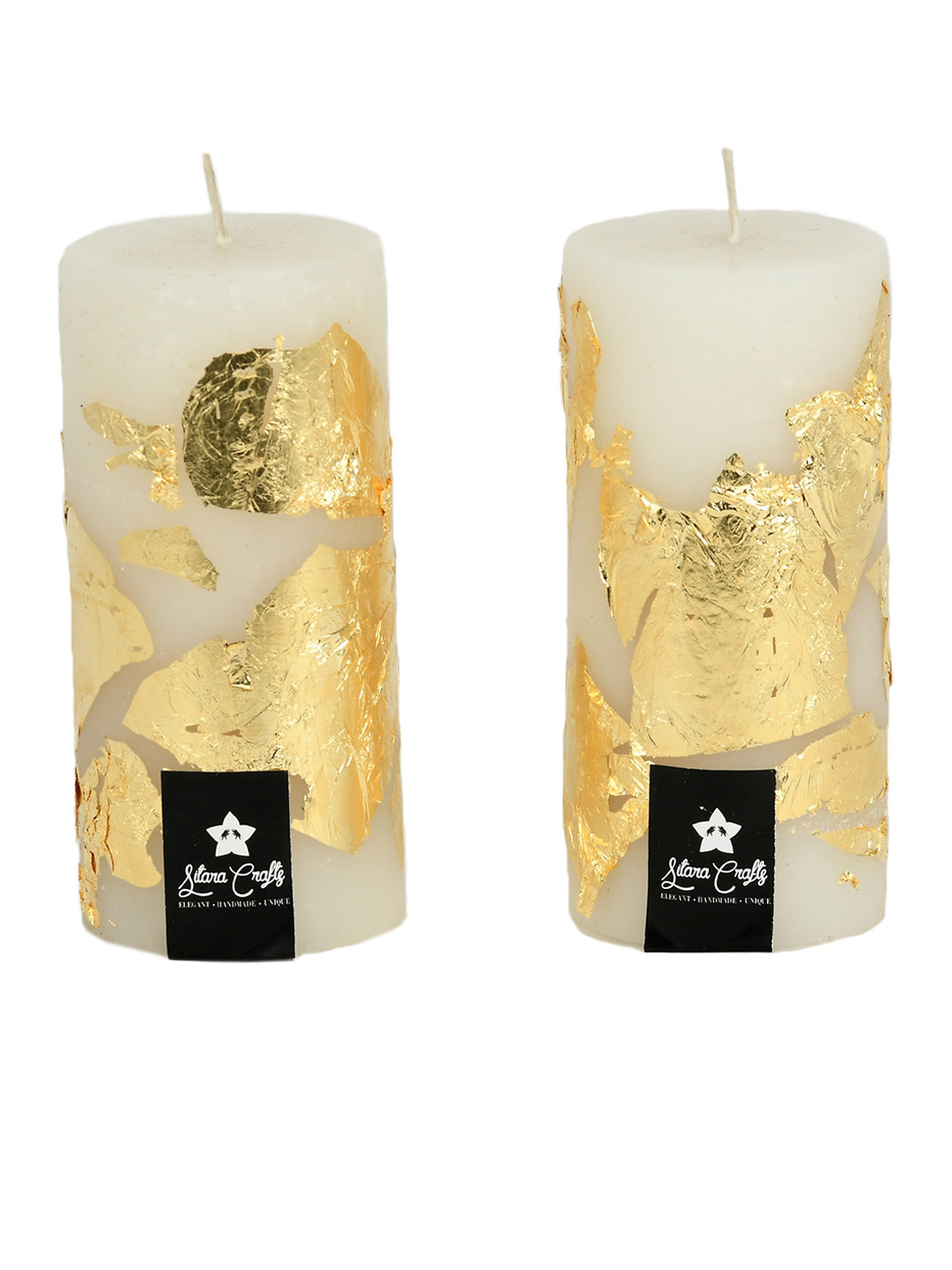 Sitara Crafts Golden Foil 2Pcs Smokeless 1 Wick Solid Tapered Regular Pillar Candles