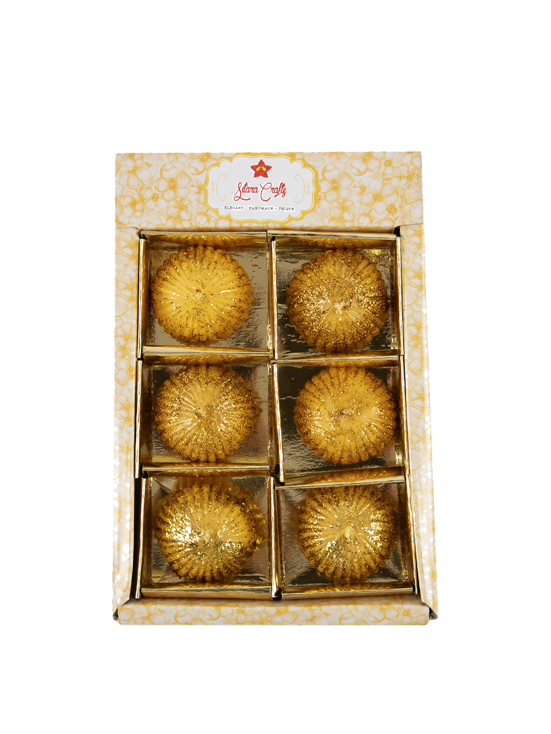 Sitara Crafts Golden Shimmer Ball 6Pcs Smokeless Solid Round Regular Tea Light Candles