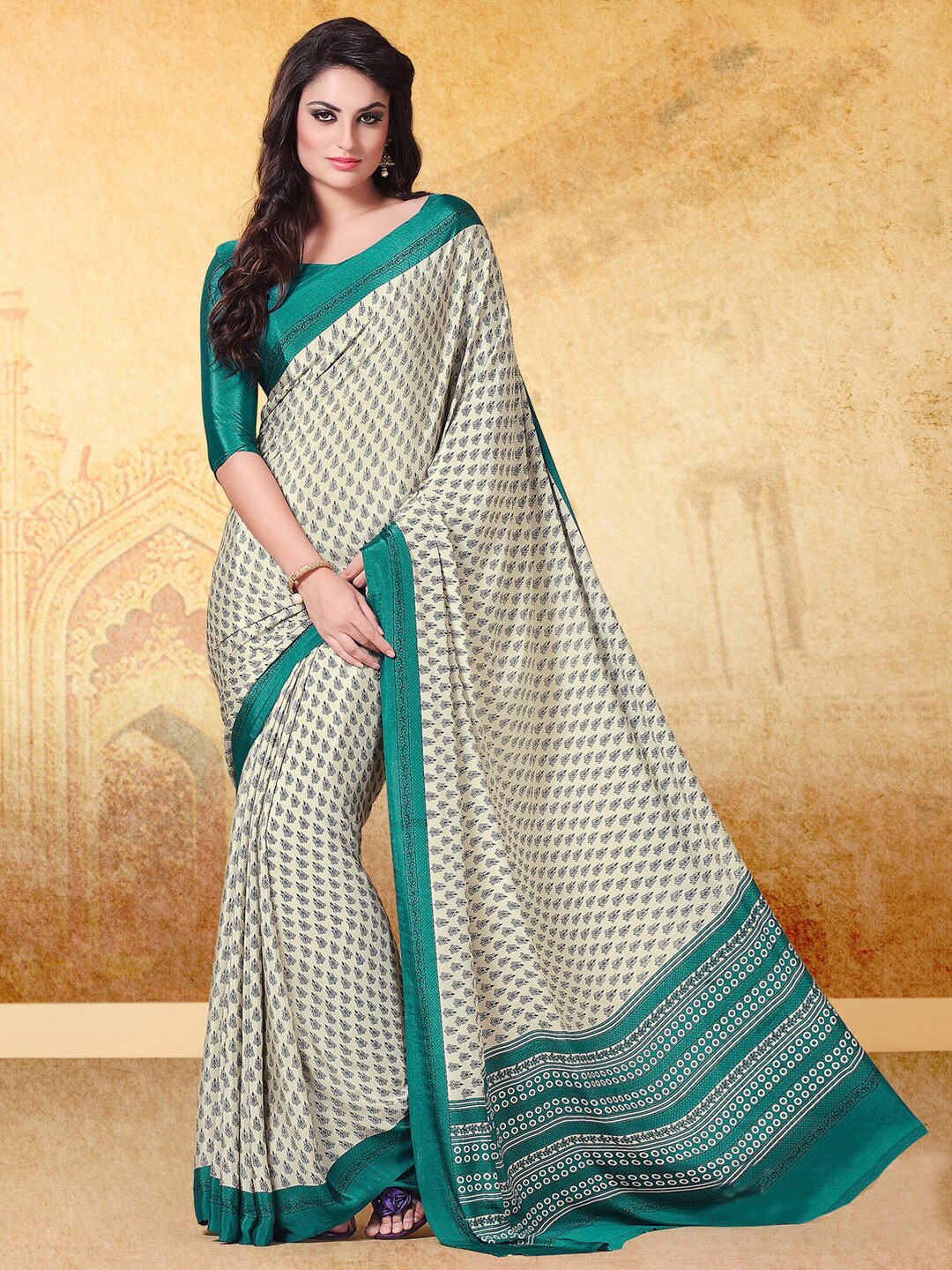 Mitera Cream Floral Printed Bagru Saree