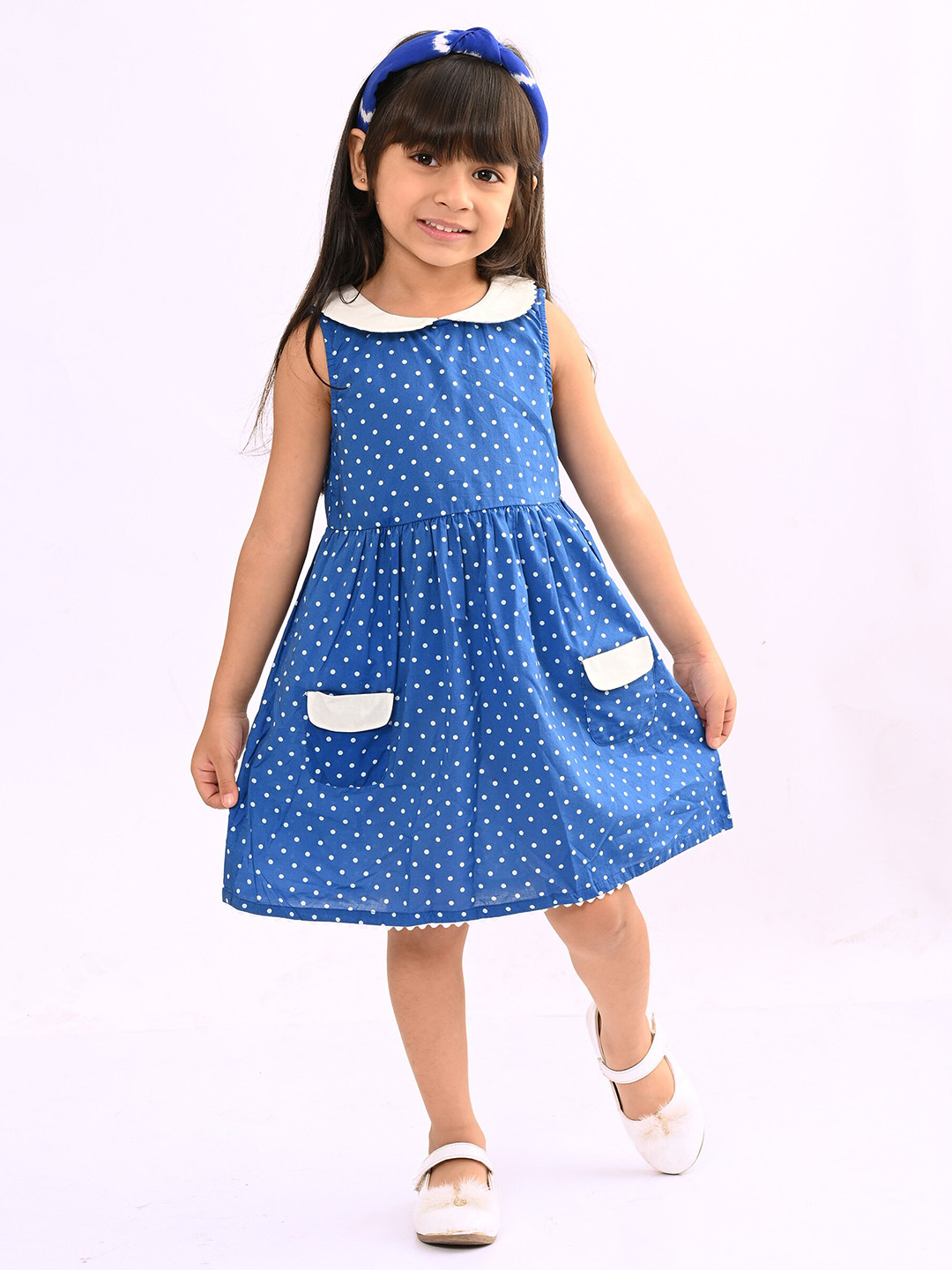 Beebay Girls Lace Trim Peter Pan Collar Polka Dot Pocket Dress