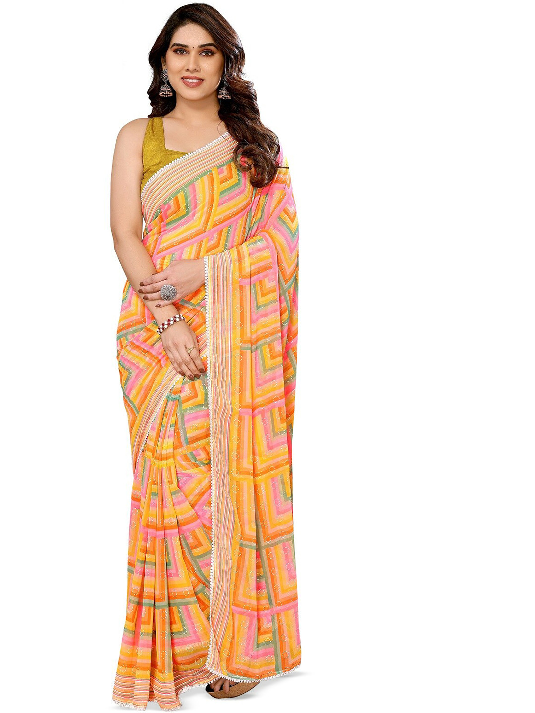 ROOP SUNDARI SAREES Geometric Pure Georgette Ready to Wear Block Print Saree