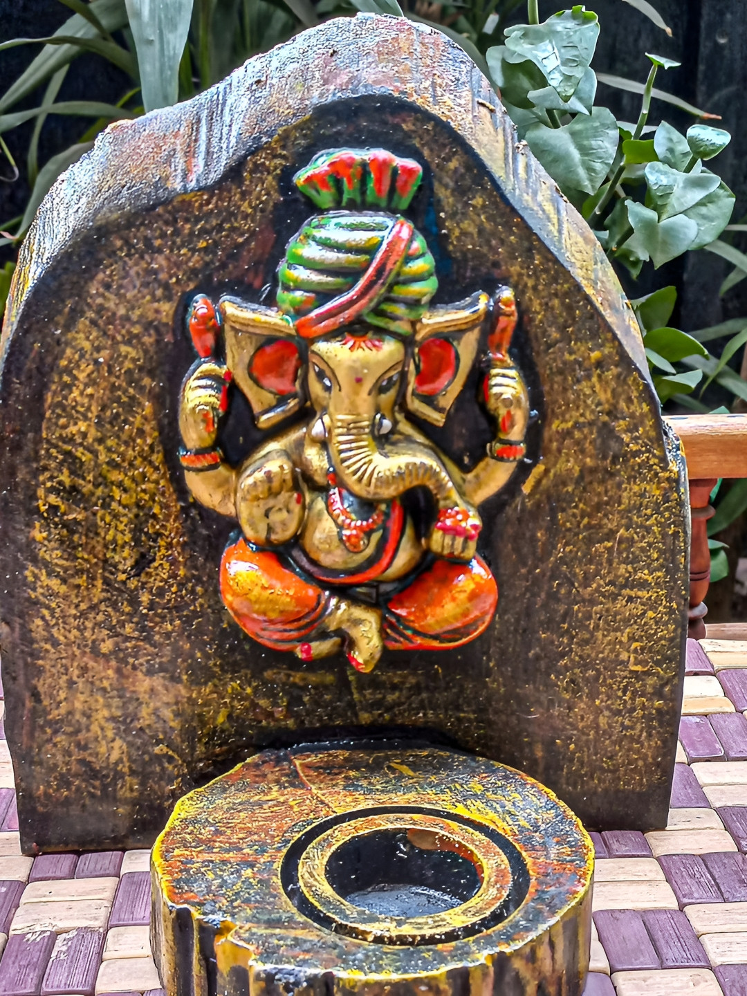 INDIA MEETS INDIA Brown & Green Religious Wooden Ganesh Wall Art