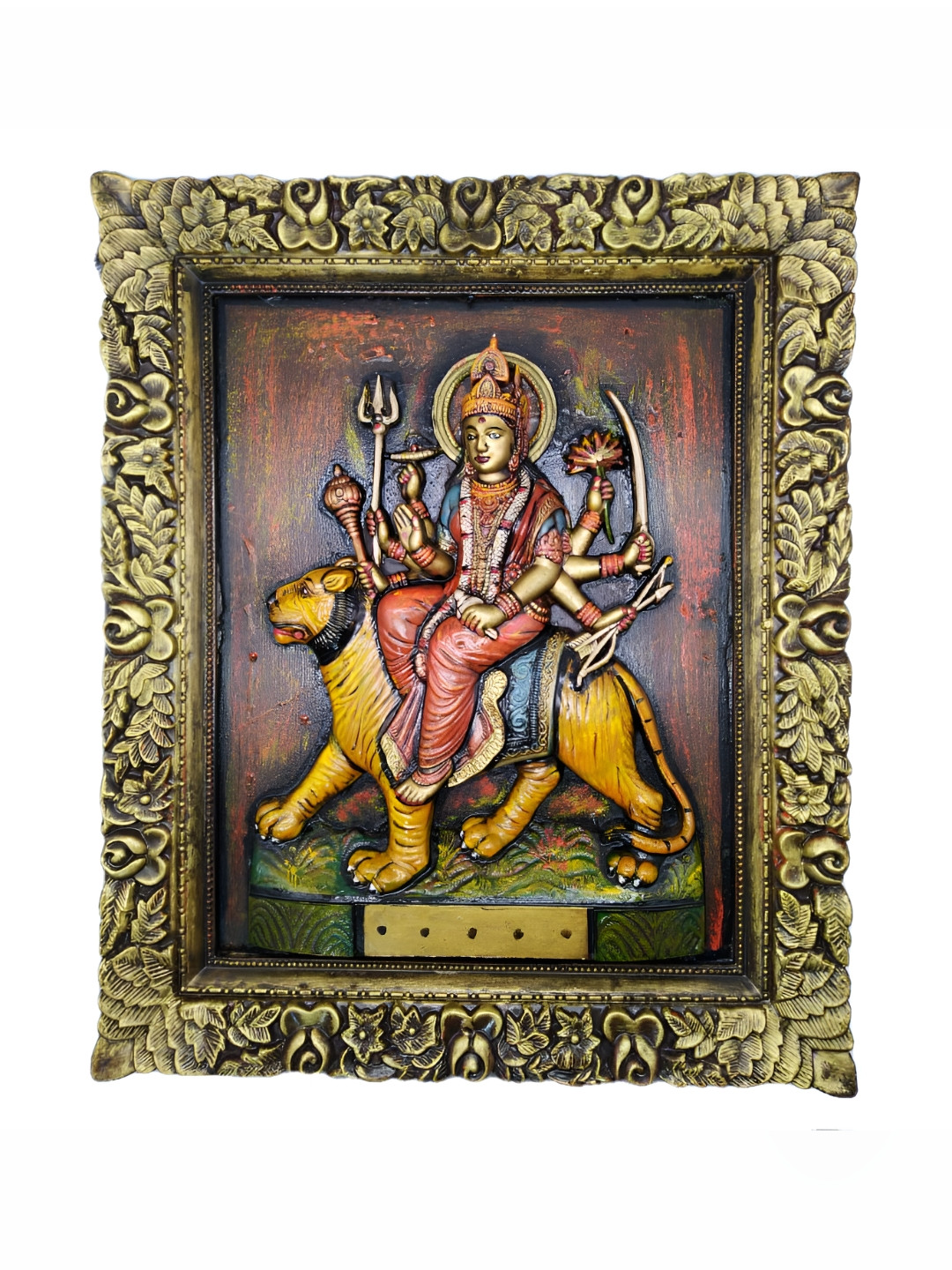 INDIA MEETS INDIA Brown & Yellow Religious Wooden Shera Wali Wall Art