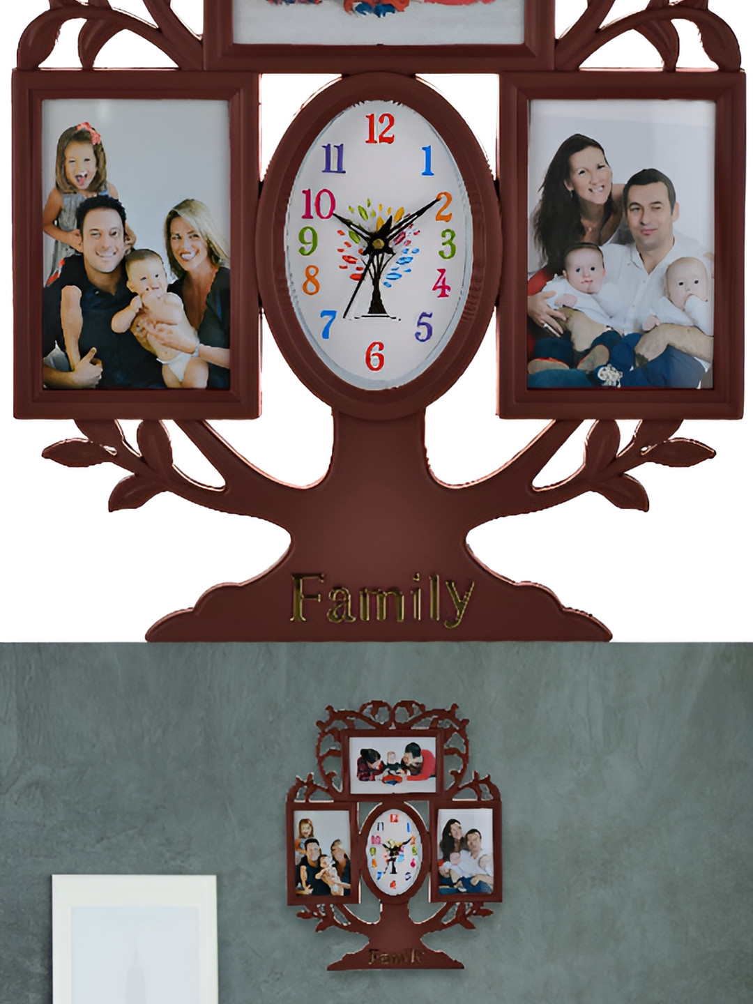 Attractionz Brown & White Oval Shaped Contemporary Analogue Wall Clock With Photo Frame
