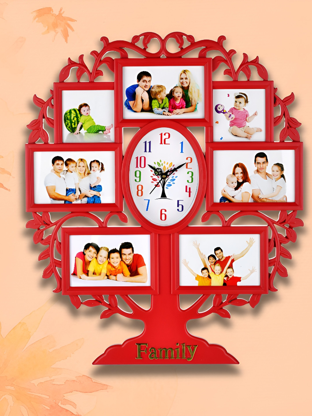 Attractionz Red Plastic Tree Battery Analogue Photo Frame Wall Clock