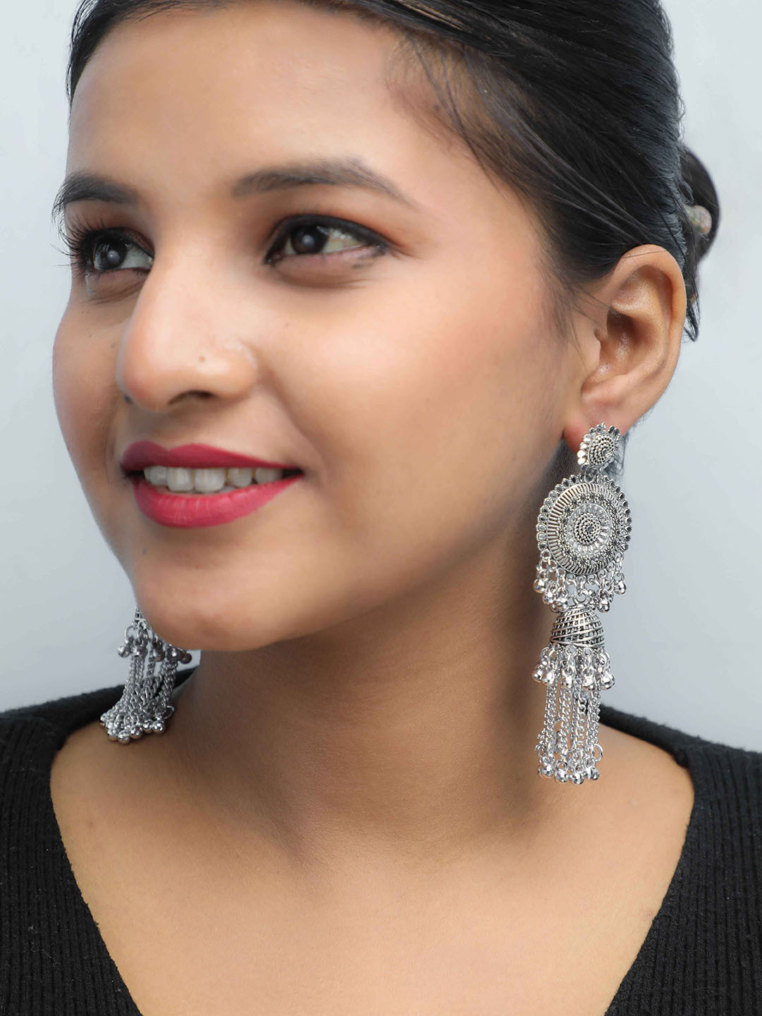 VOJ Silver Plated Stainless Steel Oxidised Classic Jhumkas