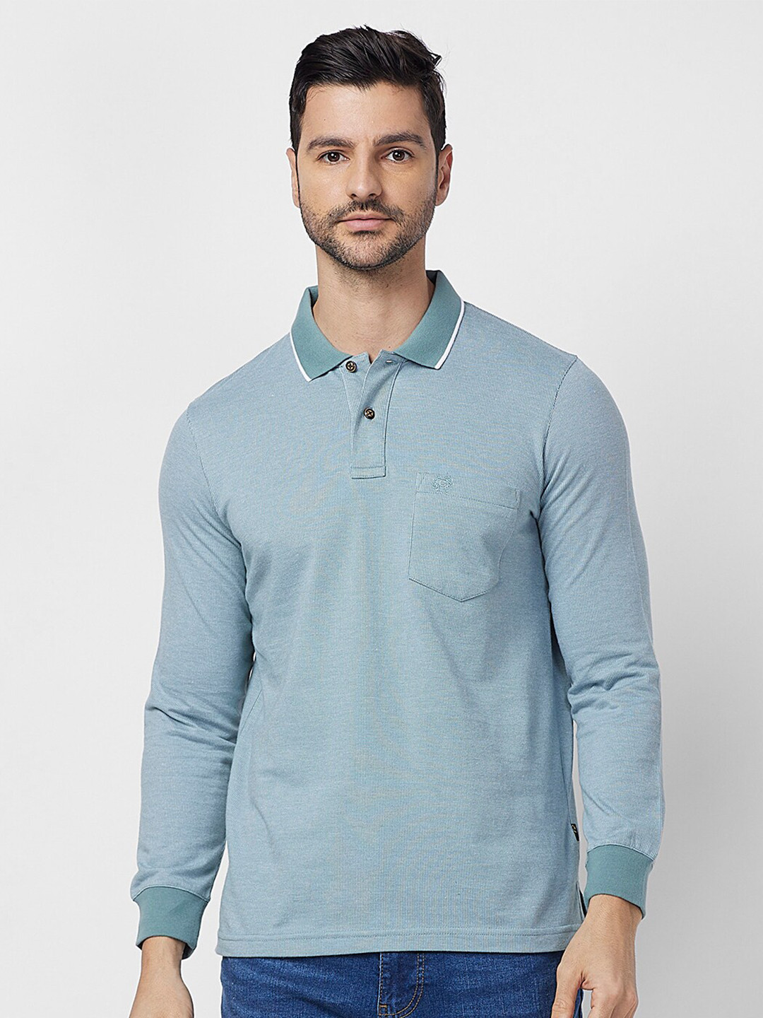 CELSIUS Checked Long Sleeves Polo Collar Jaquard  T-shirt