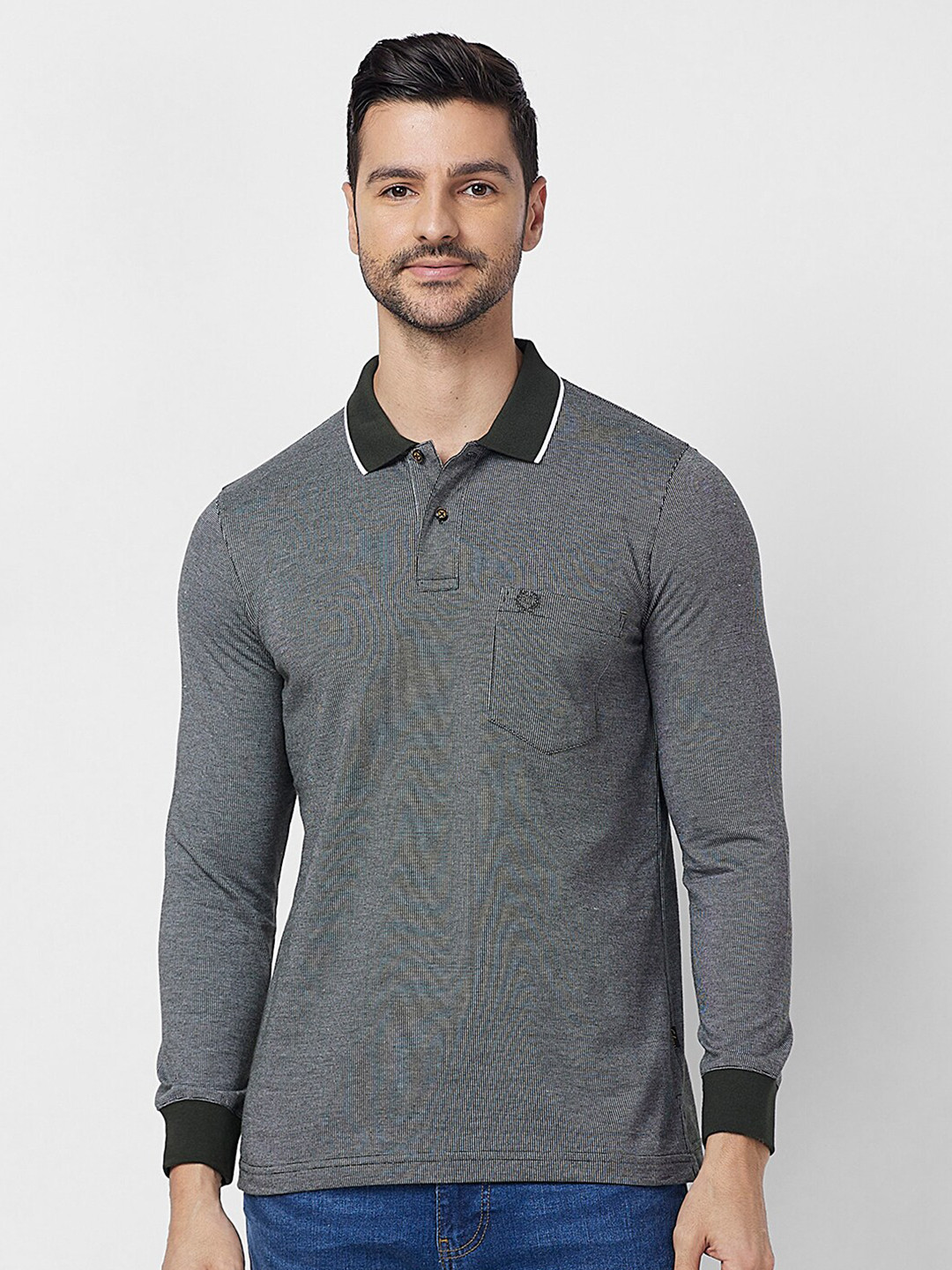 CELSIUS Checked Long Sleeves Polo Collar Jaquard  T-shirt