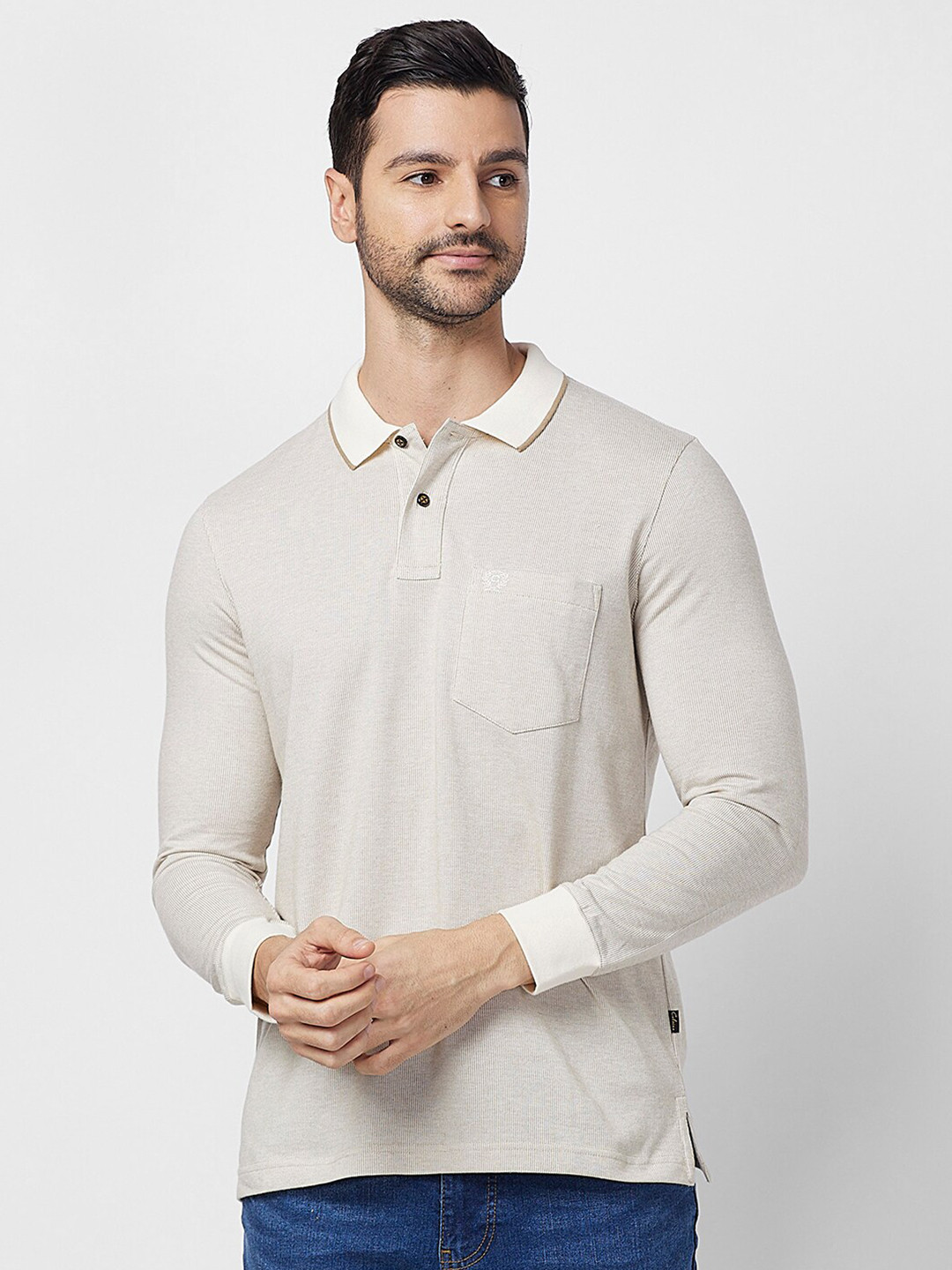 CELSIUS Striped Long Sleeves Polo Collar Jaquard  T-shirt