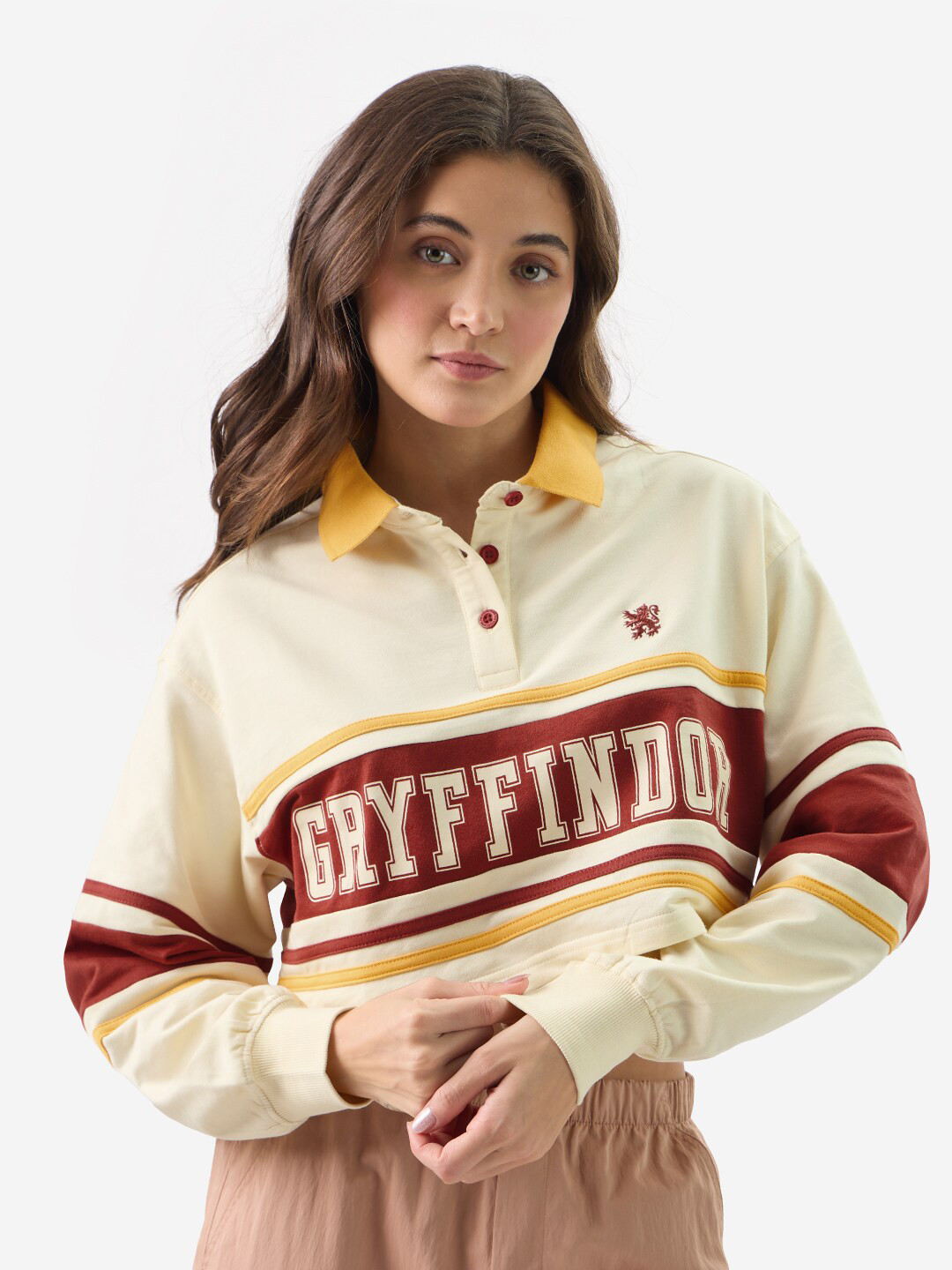 The Souled Store Off White Typography Printed Polo Collar Pure Cotton Oversized T-shirt