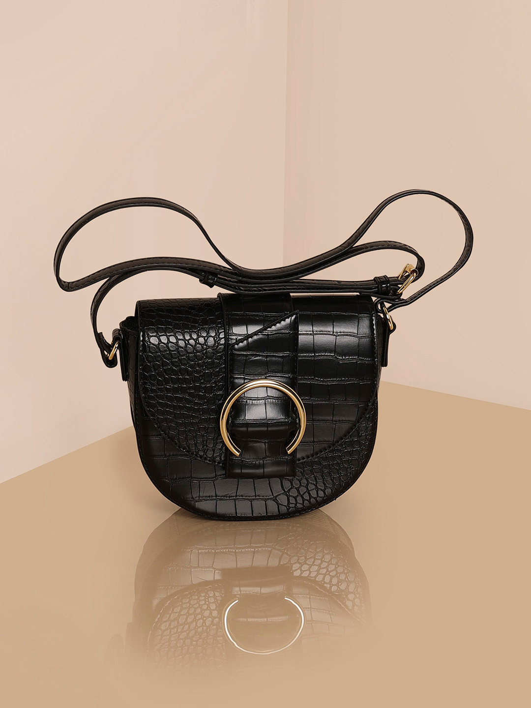 Accessorize Women Faux Croc Ring Detail Saddle Bag