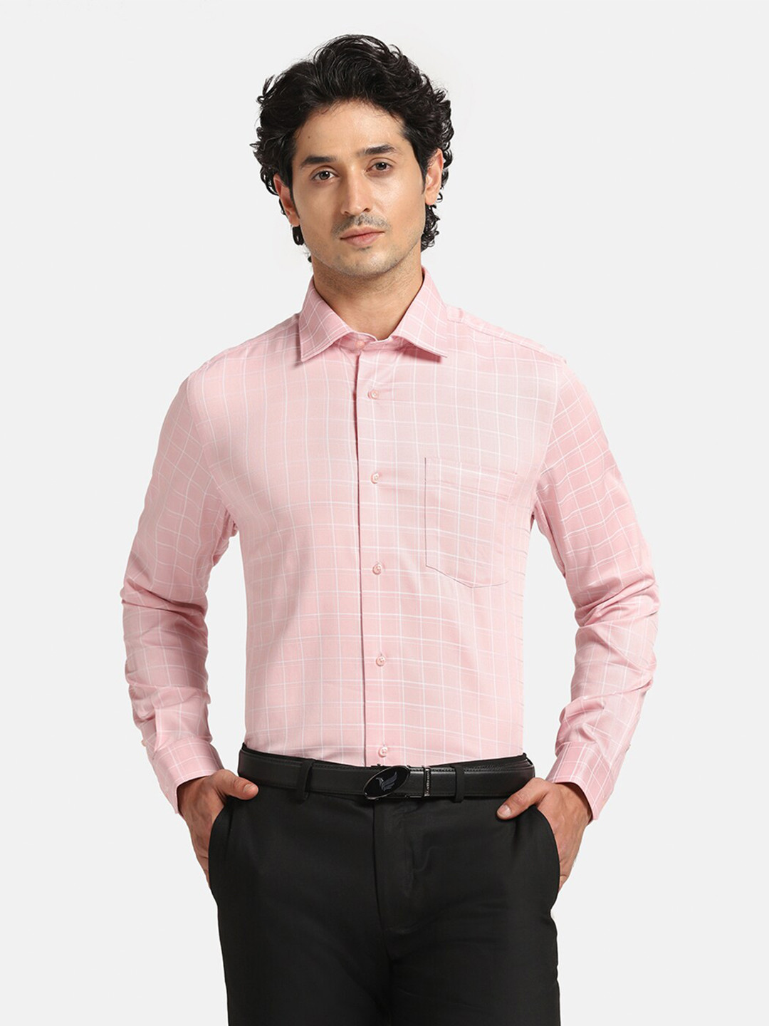 Blackberrys Men's Pink Check Formal Slim Fit Wrinkle-Resistant Shirt