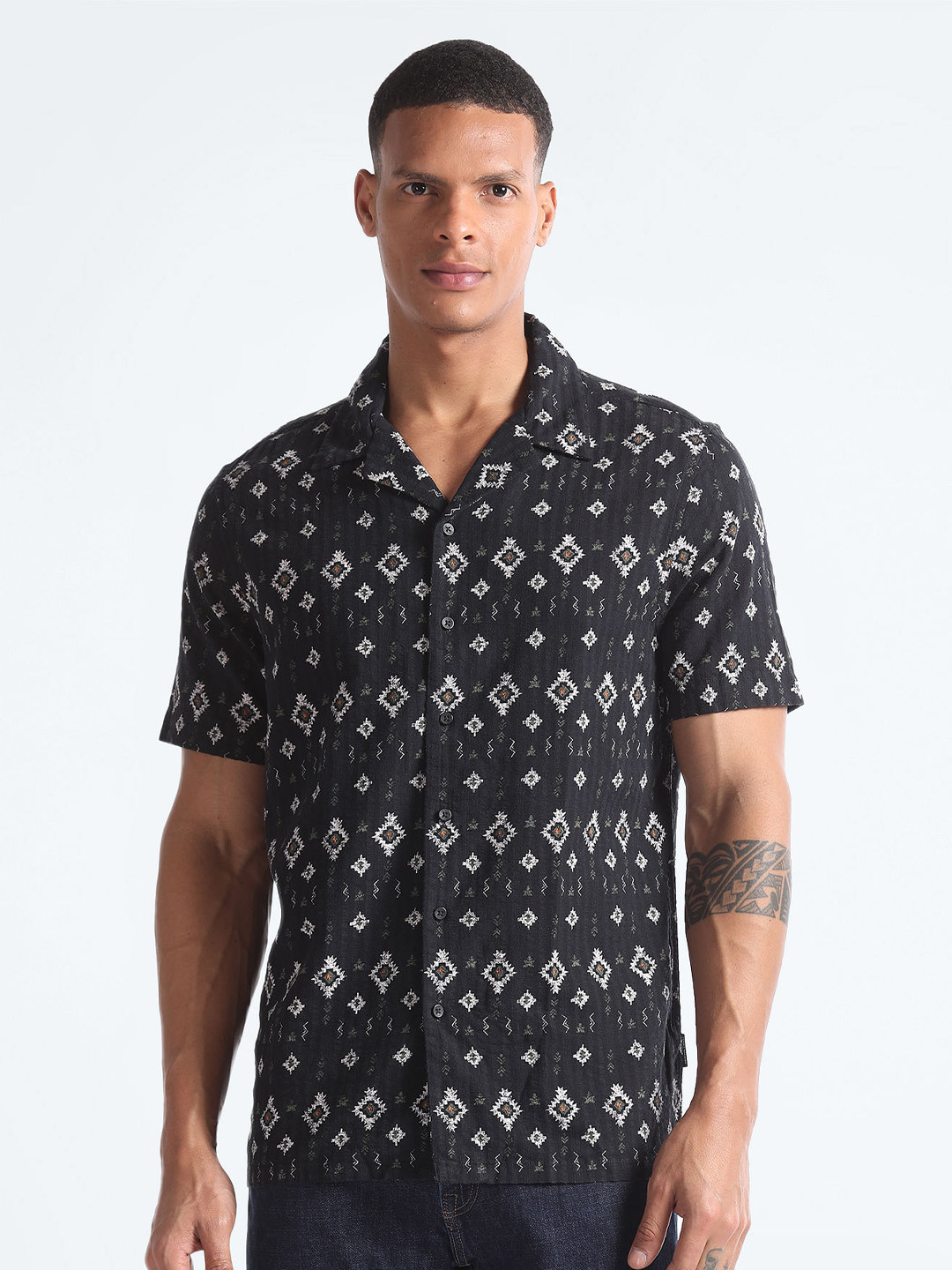 Flying Machine Cuban Collar Ethnic Motif Printed Seersucker Pure Cotton Casual Shirt