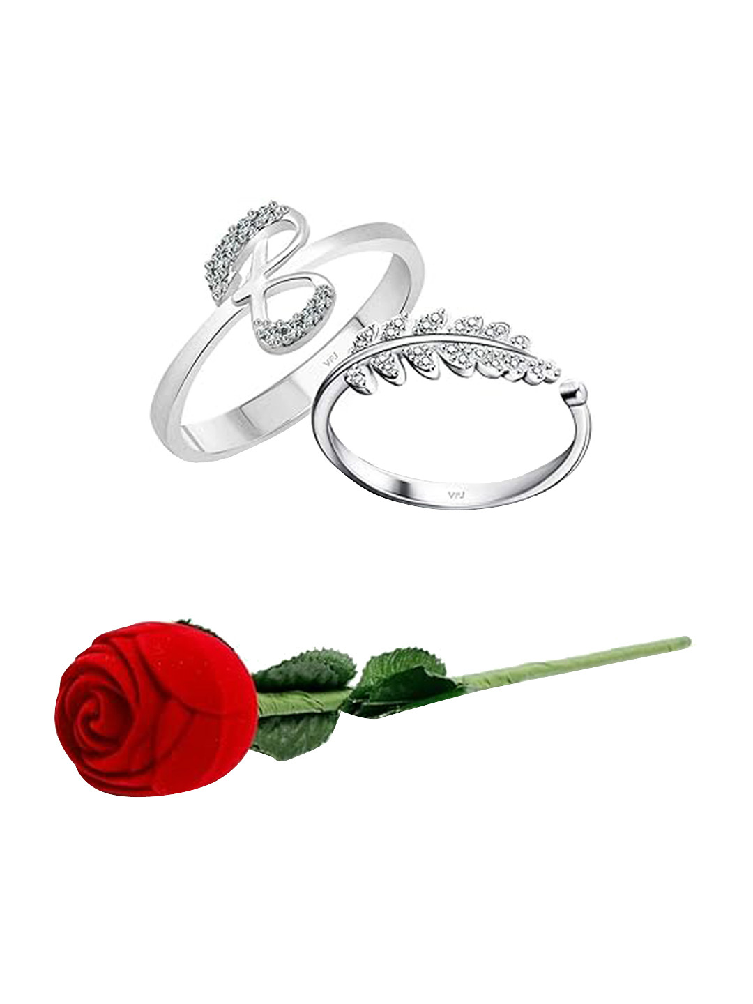 Vighnaharta Set Of 3 Rhodium-Plated CZ-Studded Finger Ring With Rose Box