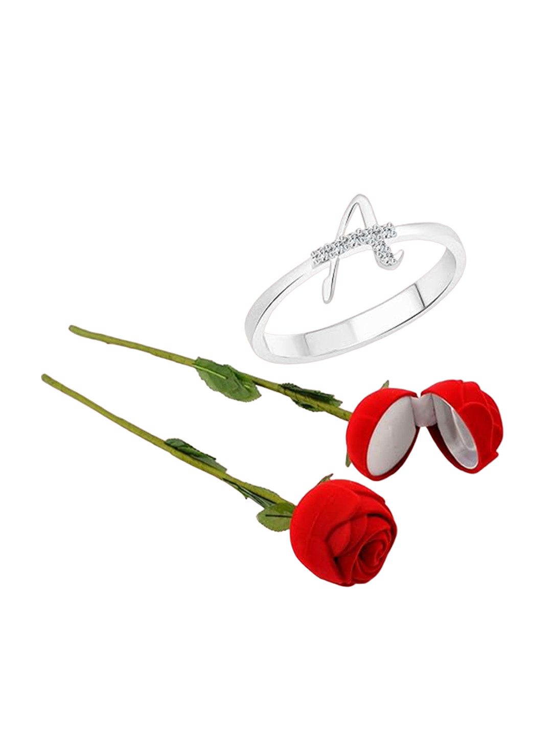 Vighnaharta Rhodium-Plated CZ-Studded & Alphabet A Details Finger Ring With Rose Box