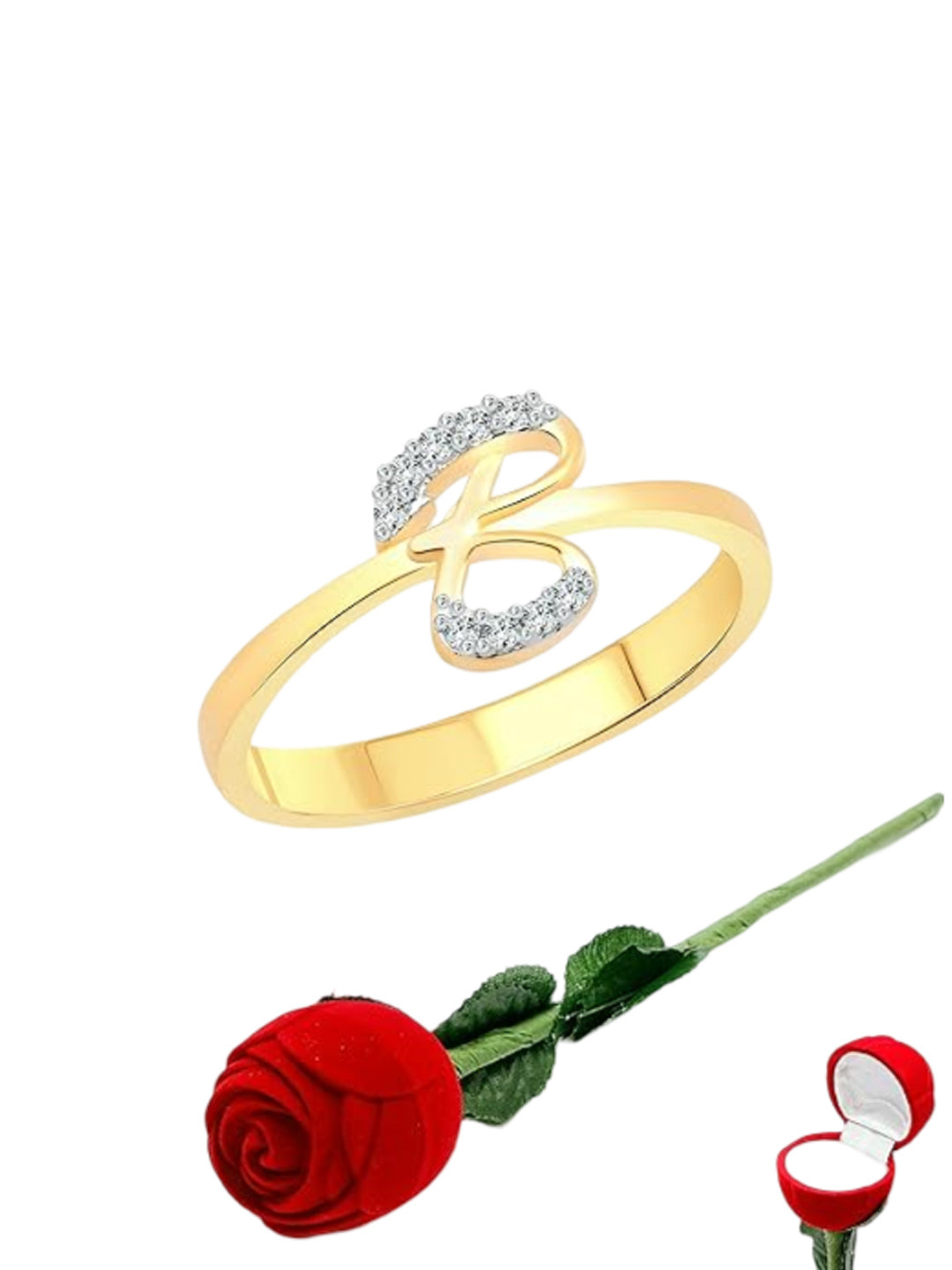 Vighnaharta Gold-Plated CZ-Studded & Alphabet B Details Finger Ring With Rose Box