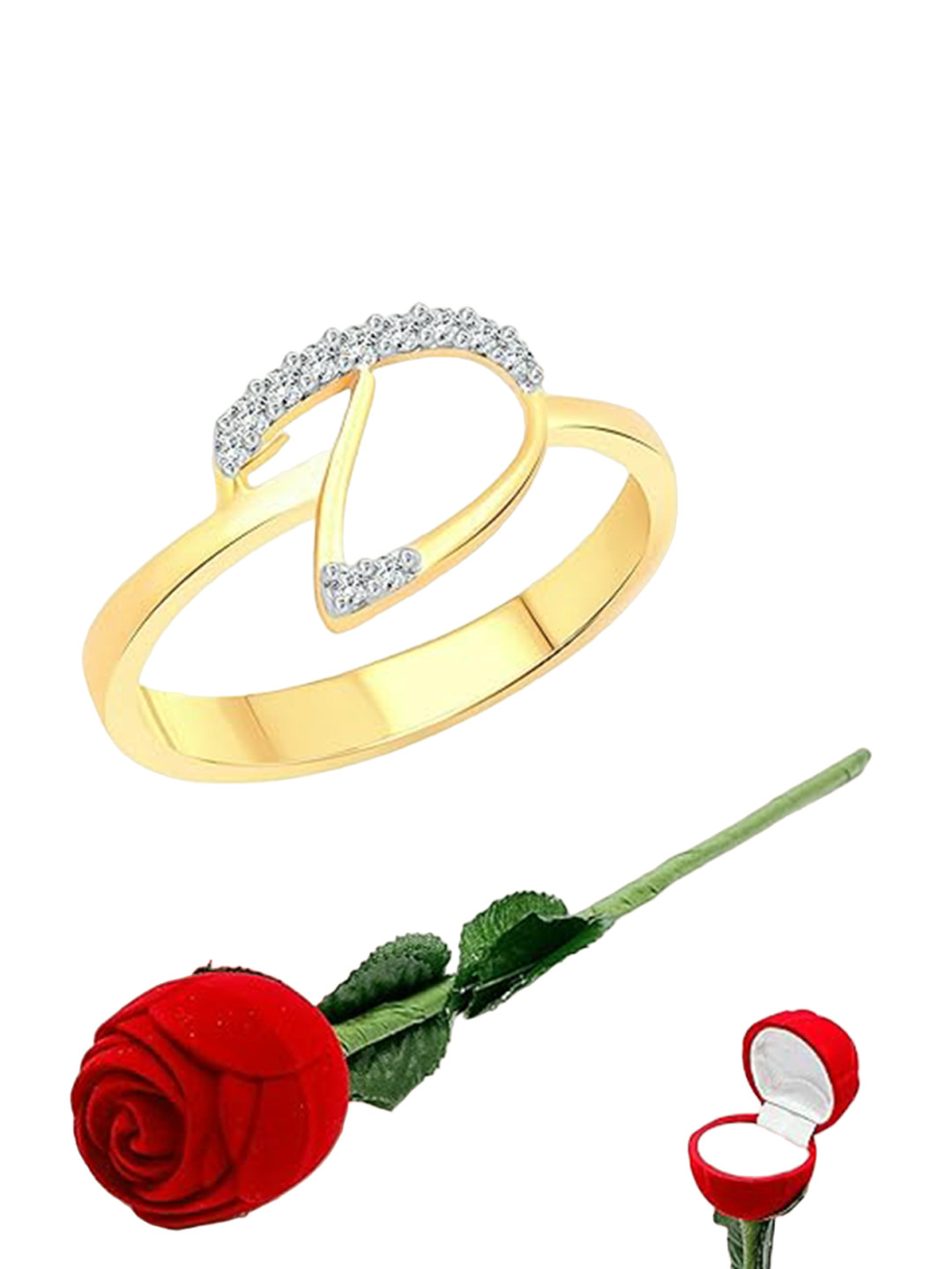 Vighnaharta Set Of 2 Gold-Plated CZ-Studded & Alphabet D Details Finger Ring With Rose Box