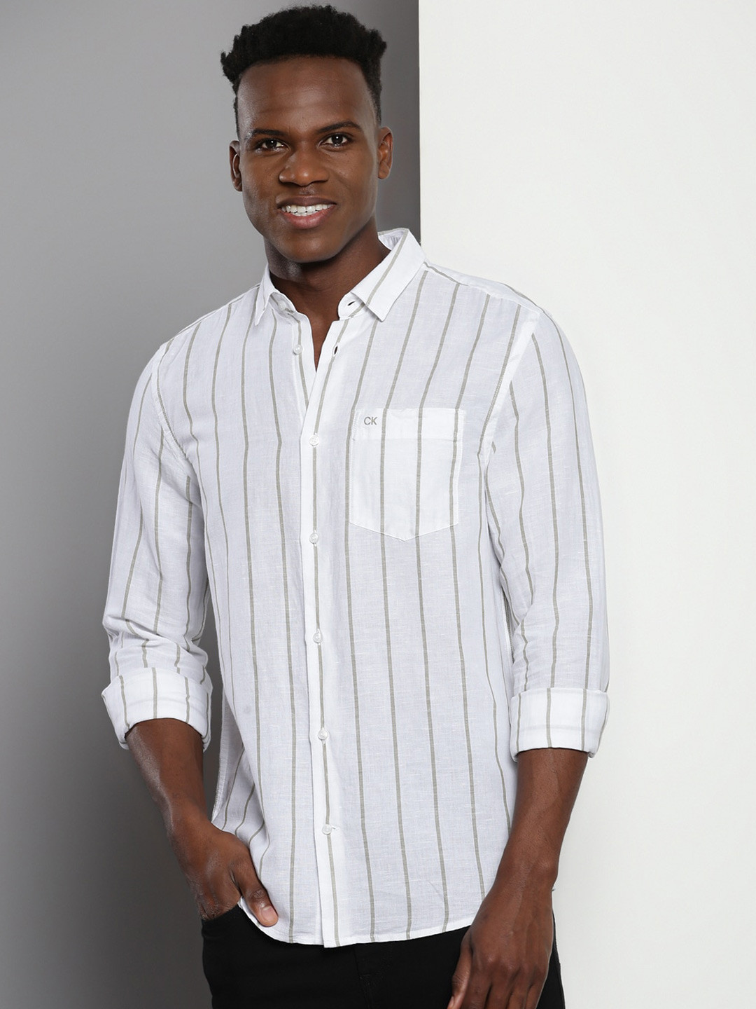 Calvin Klein Spread Collar Long Sleeves Regular Fit Cotton Striped Casual Shirt