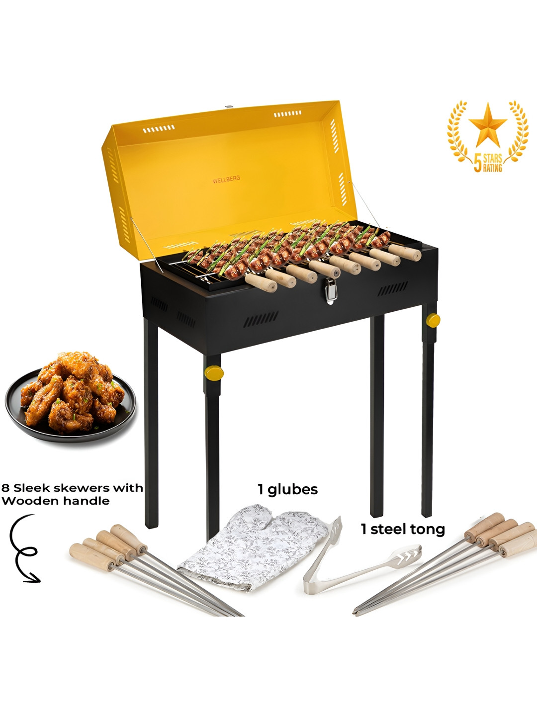WELLBERG Yellow & Black 11 Pieces Charcoal Barbeque Grill With LID, Skewers & Grill