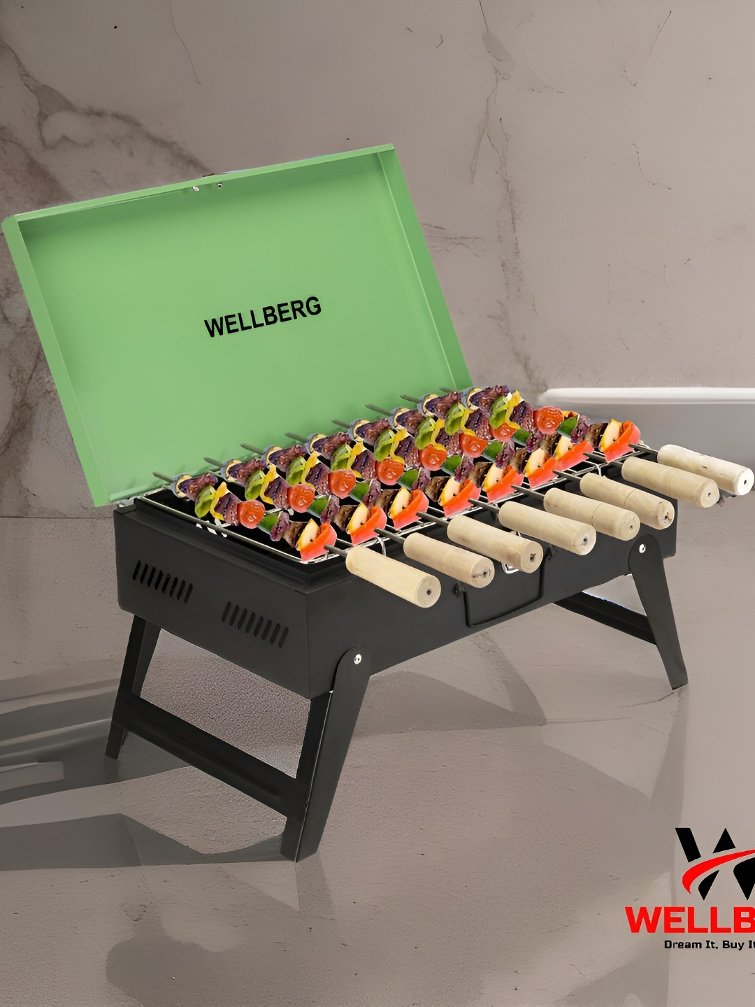 WELLBERG Black & Green Charcoal Barbeque Grill With Lid Skewers & Grill