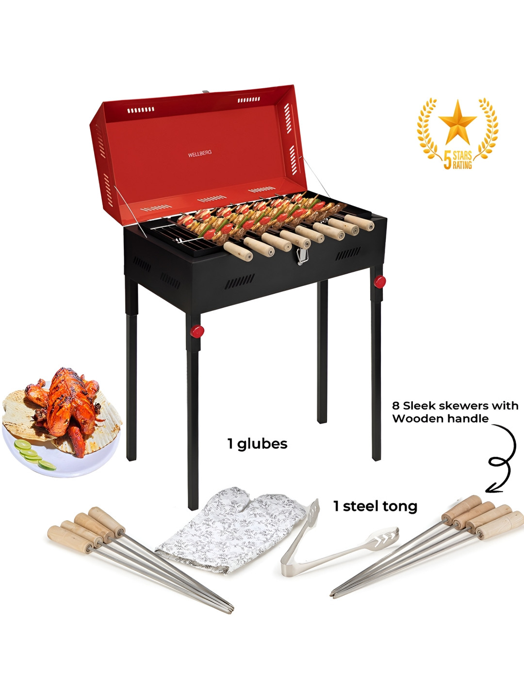 WELLBERG Black & Red Charcoal Barbeque Grill With Lid Skewers & Grill