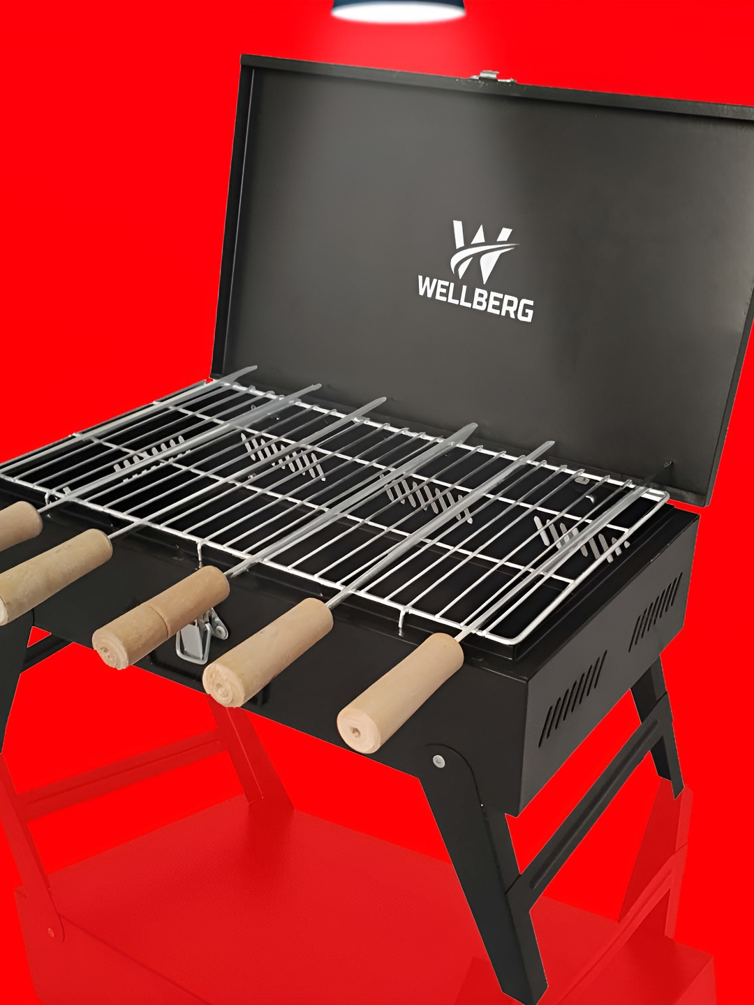 WELLBERG Charcoal Black Barbeque Grill with Food Grade Skewers & Grill Mesh