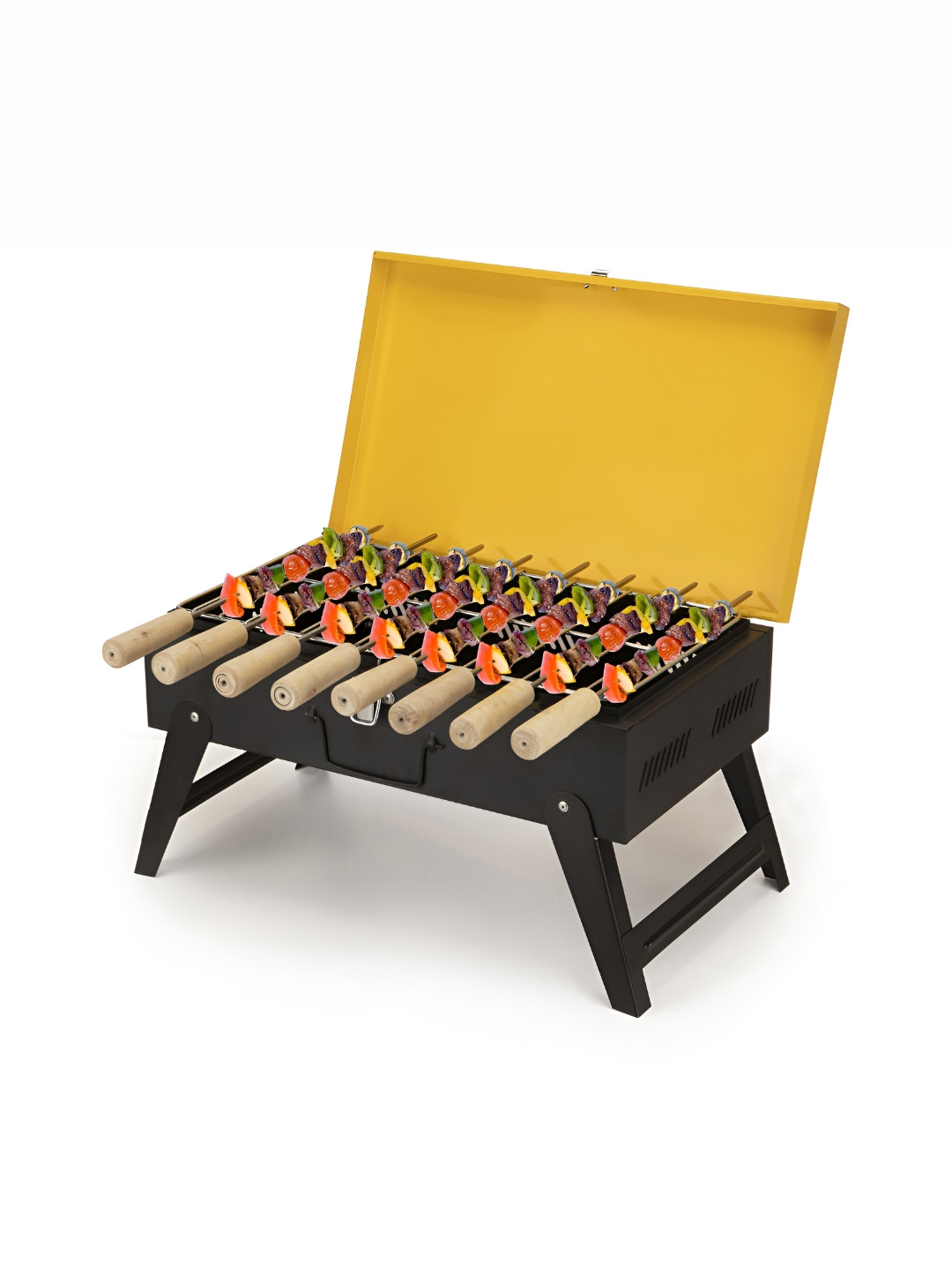 WELLBERG Black & Yellow Charcoal Barbeque Grill With Lid Skewers & Grill