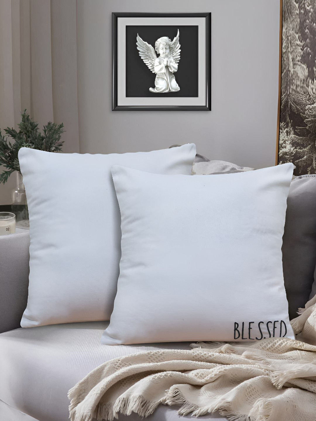 HOME COLORS.IN White & Black 2 Pcs Cotton Embroidered Square Cushion Covers