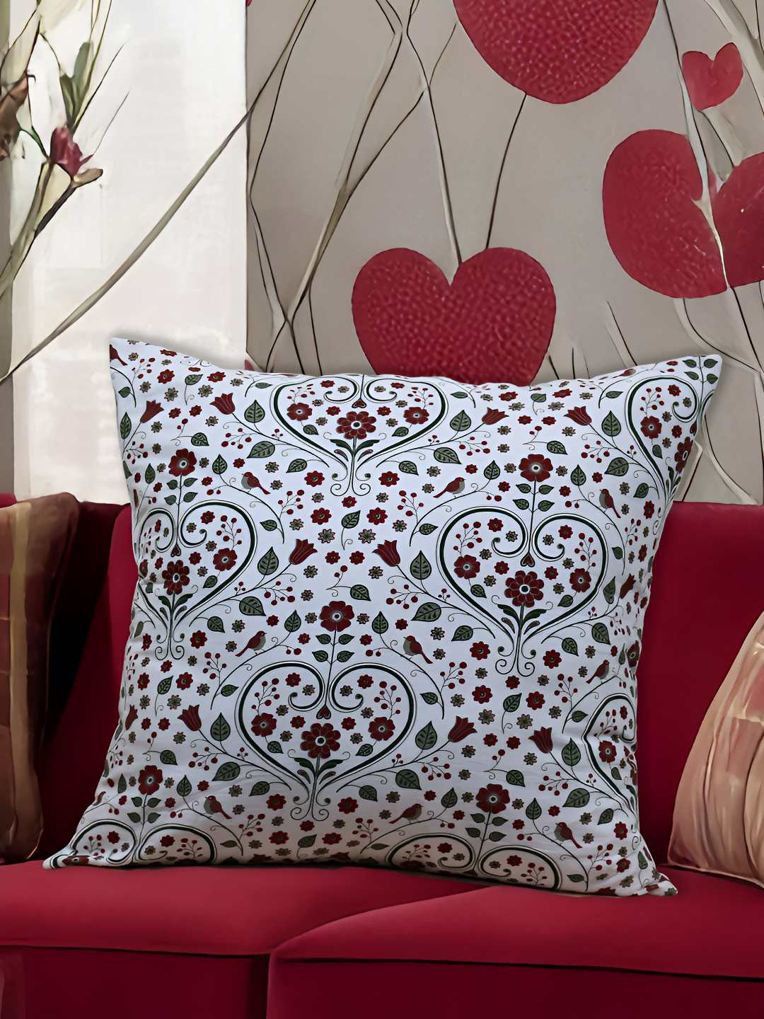 HOME COLORS.IN White & Red Cotton Ethnic Motifs Square Cushion Covers