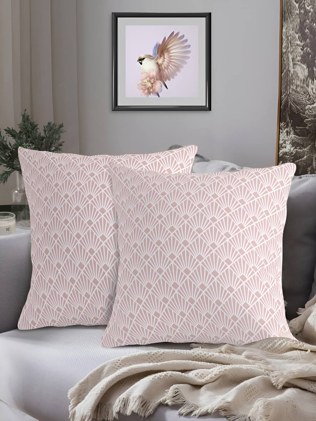 HOME COLORS.IN Pink 2 Pieces Geometric Printed Square Cotton Cushion Covers