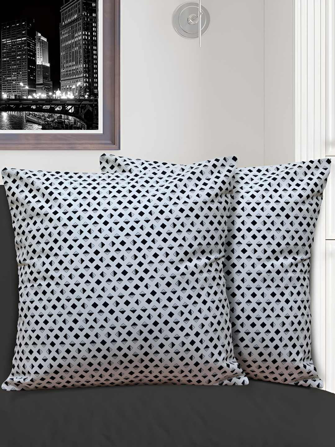 HOME COLORS.IN Black Geometric Cotton 2 Pcs Textured Square Cushion Covers -18x18In