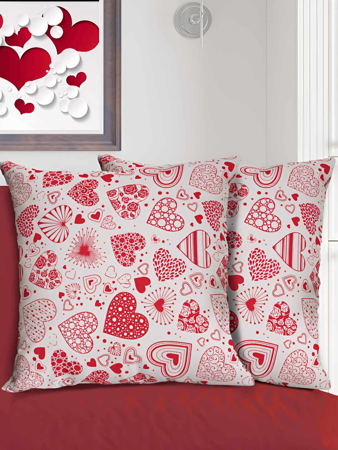 HOME COLORS.IN Red & White 2 Pcs Cotton Geometric Square Cushion Covers