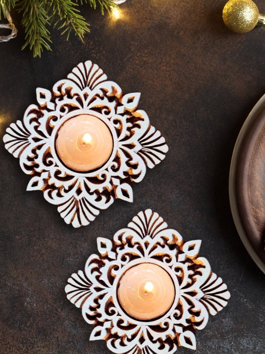 Peepul Tree White & Brown Square Hand Engraved Wood Tealight Holder